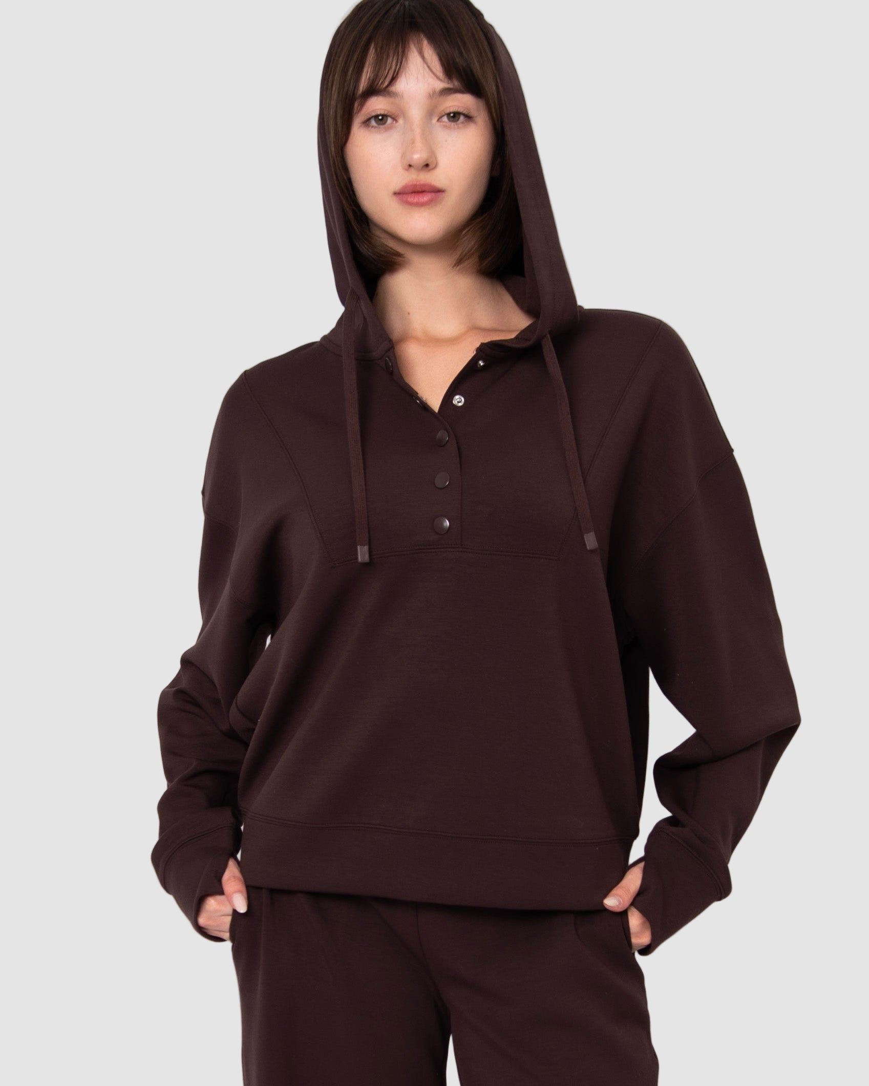 SALLIE SOFT KNIT SNAP FRONT HOODIE - BROWN