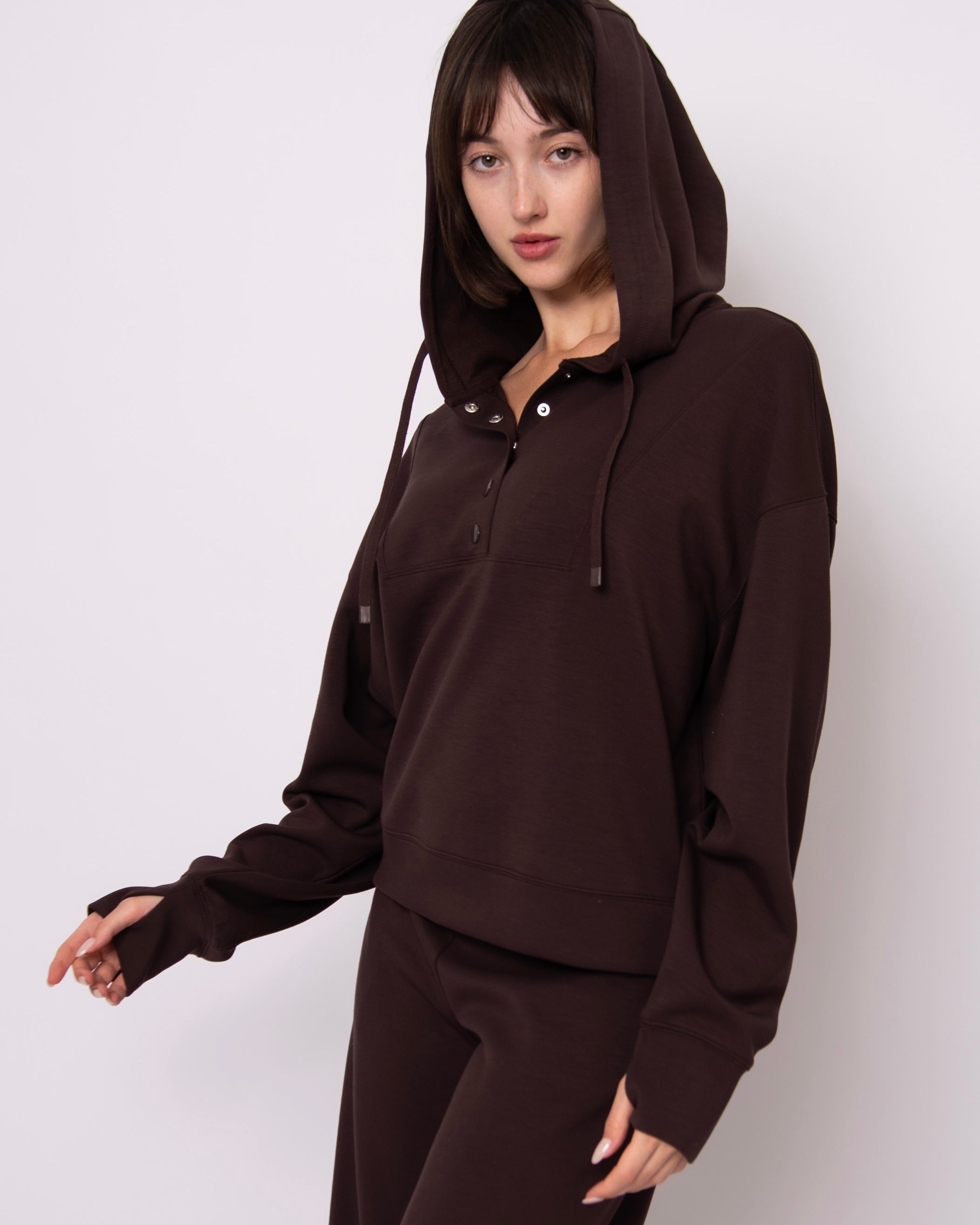 SALLIE SOFT KNIT SNAP FRONT HOODIE - BROWN