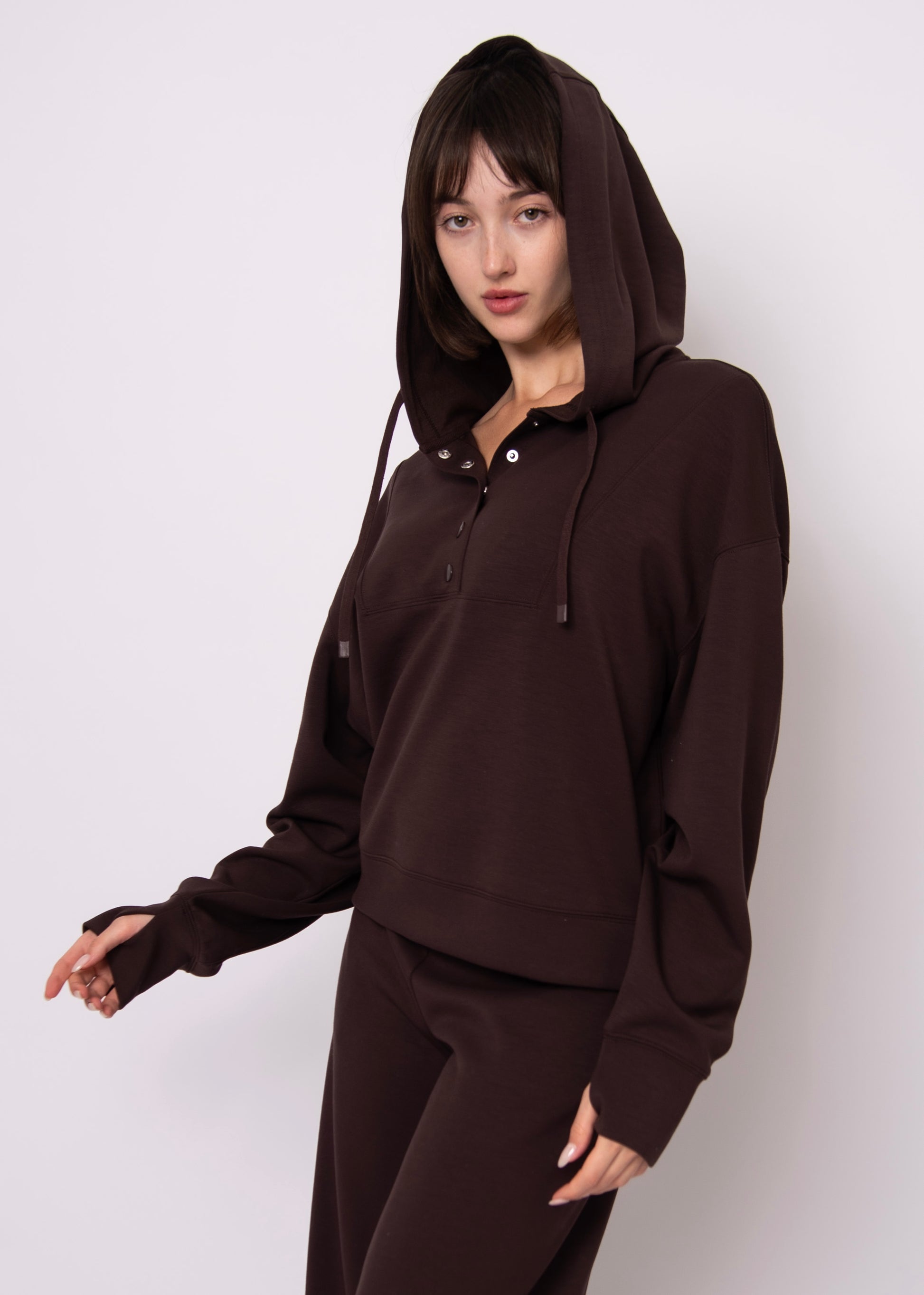 SALLIE SOFT KNIT SNAP FRONT HOODIE - BROWN