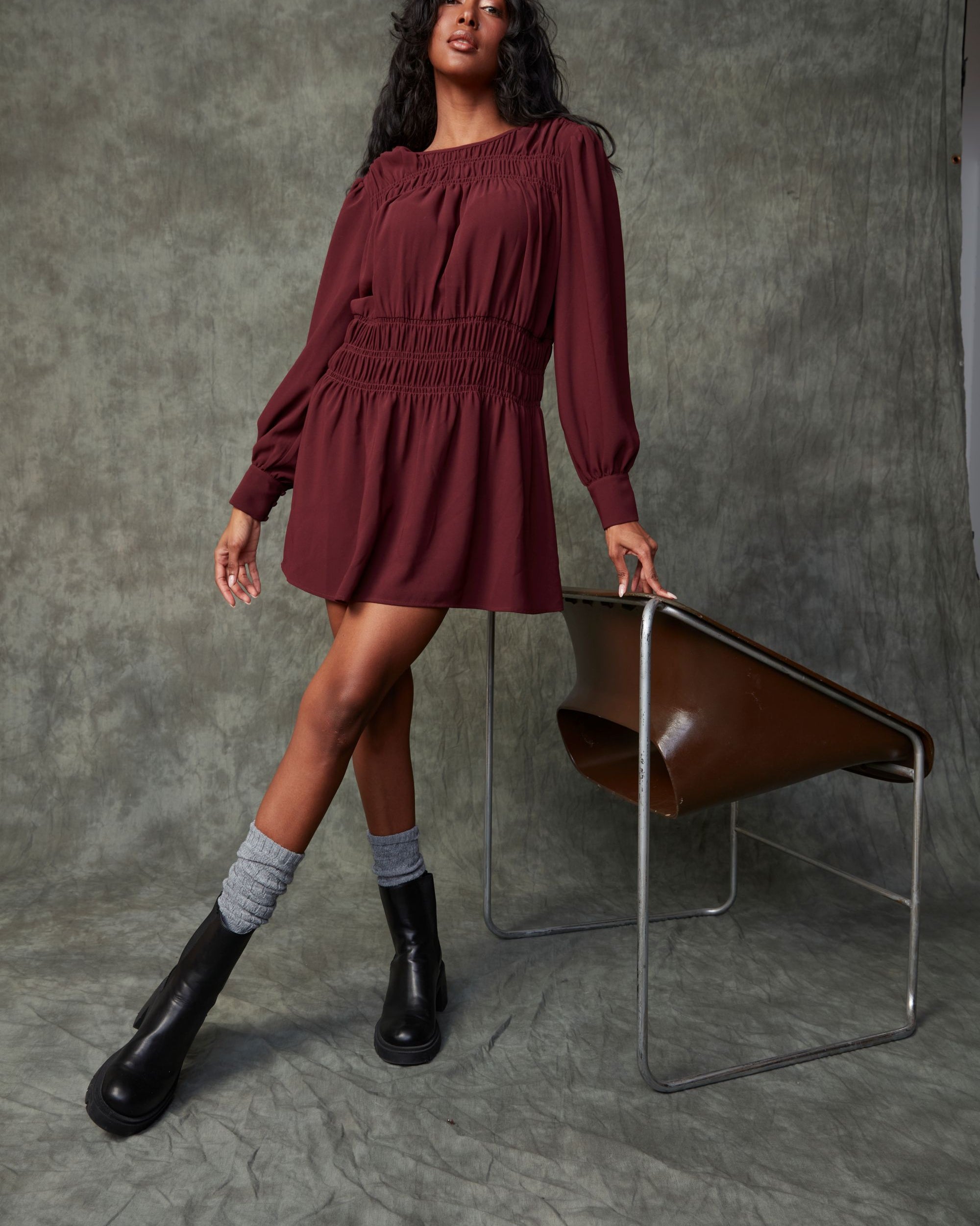 RD LORENCE LS SHIRRED MINI DRESS - PRUNE