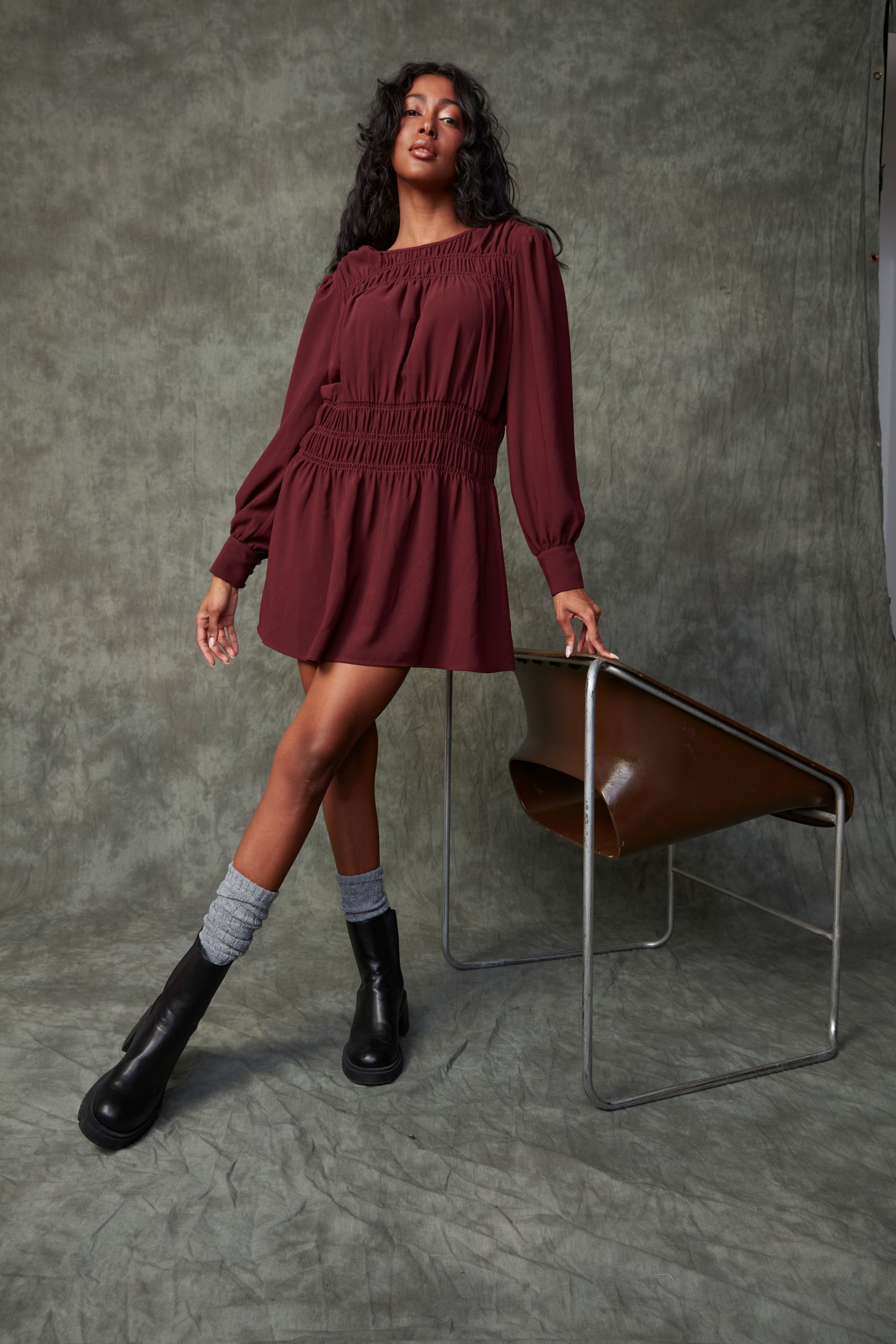 RD LORENCE LS SHIRRED MINI DRESS - PRUNE