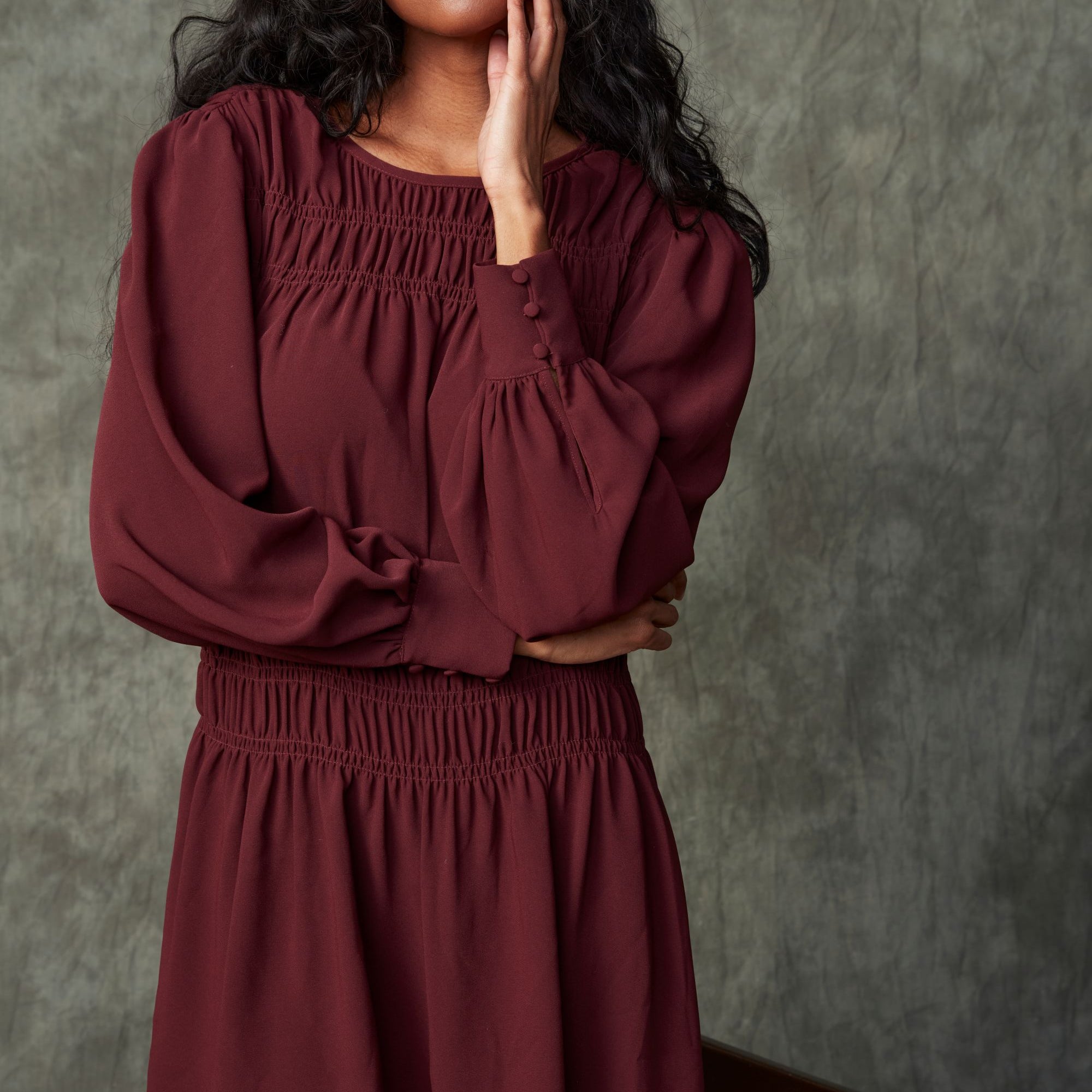 RD LORENCE LS SHIRRED MINI DRESS - PRUNE