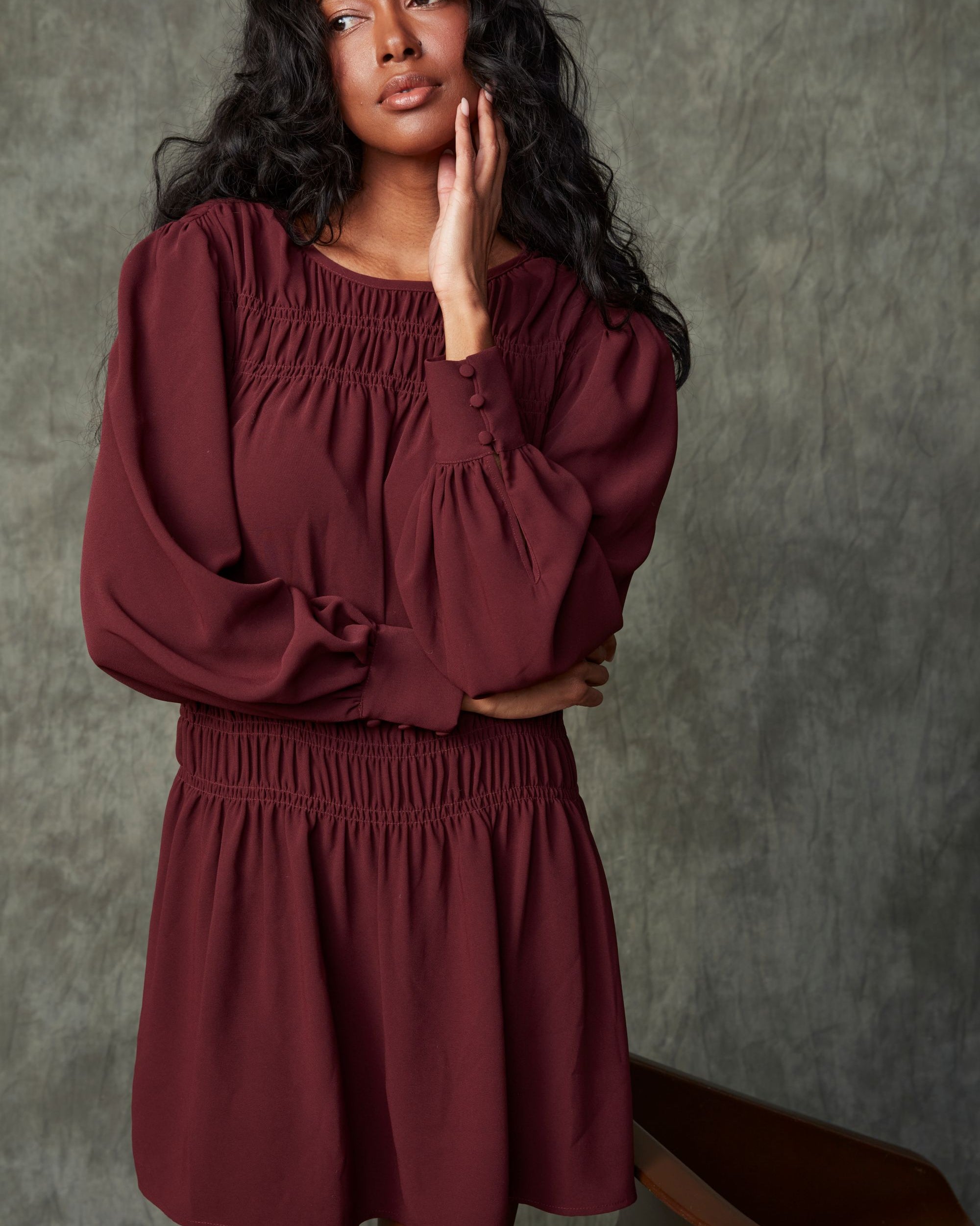 RD LORENCE LS SHIRRED MINI DRESS - PRUNE