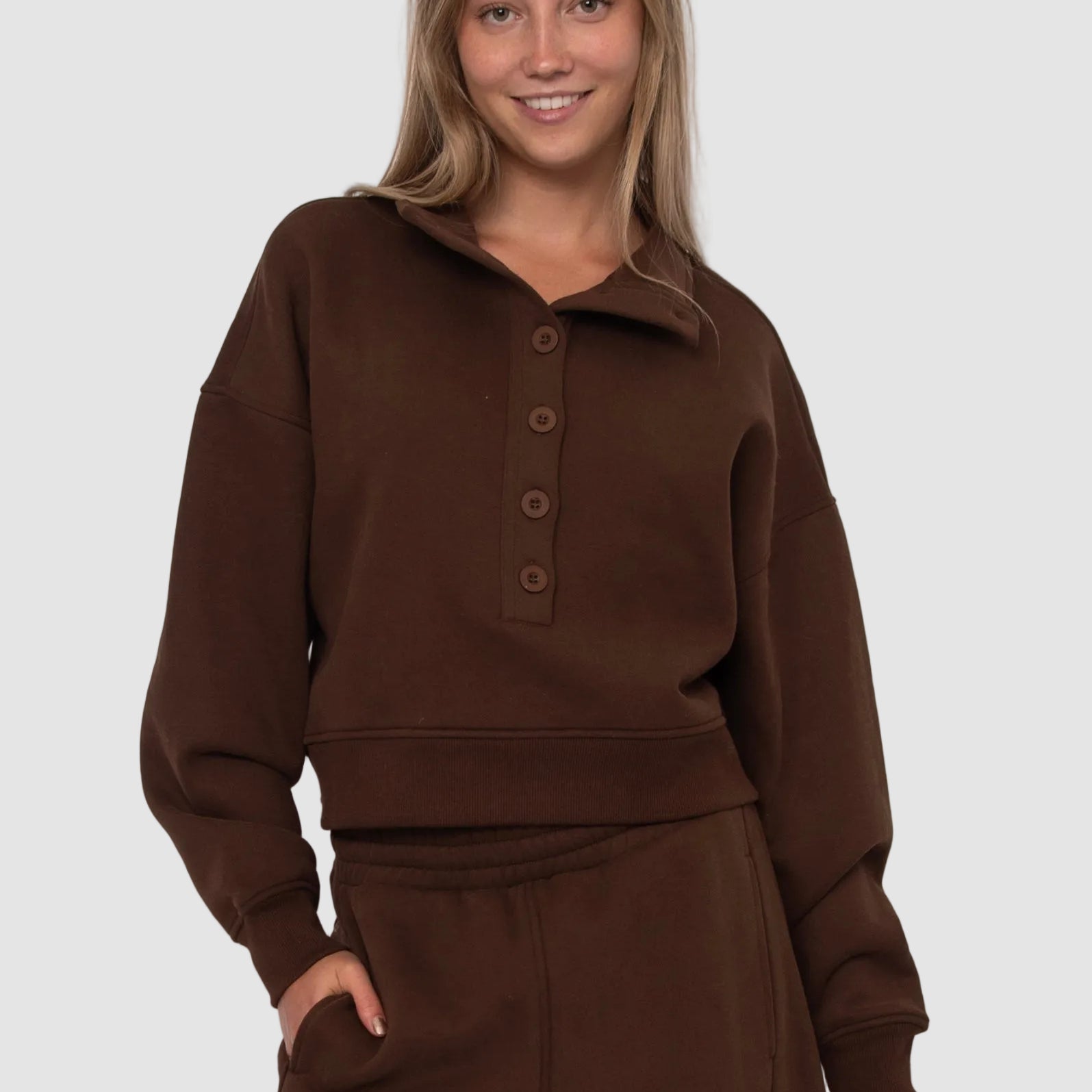 MALTA FLEECE MOCKNECK BUTTON PULLOVER - CHOCOLATE