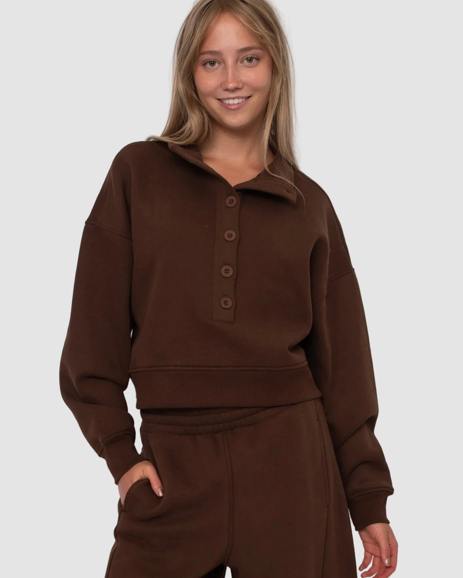 MALTA FLEECE MOCKNECK BUTTON PULLOVER - CHOCOLATE