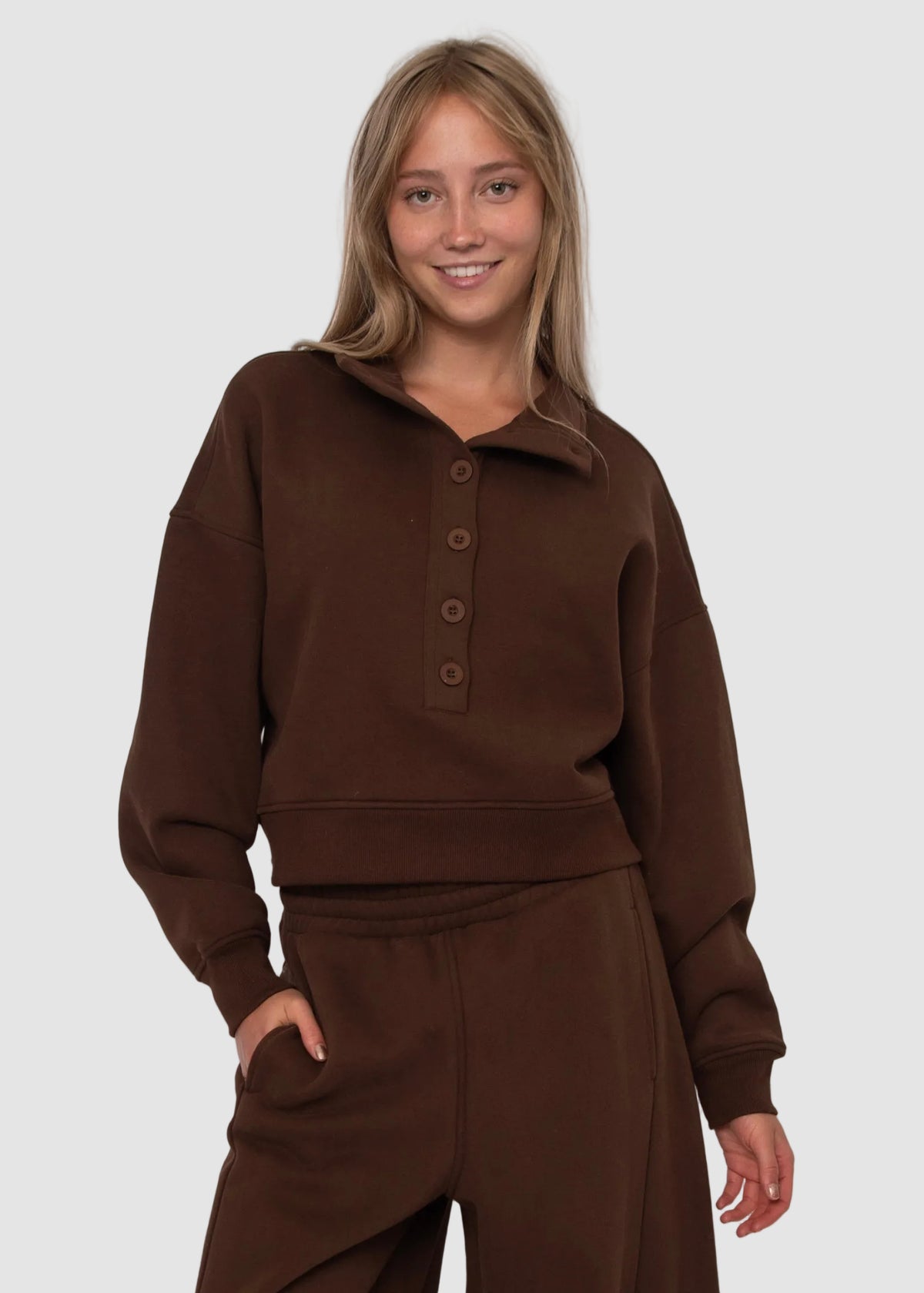 MALTA FLEECE MOCKNECK BUTTON PULLOVER - CHOCOLATE