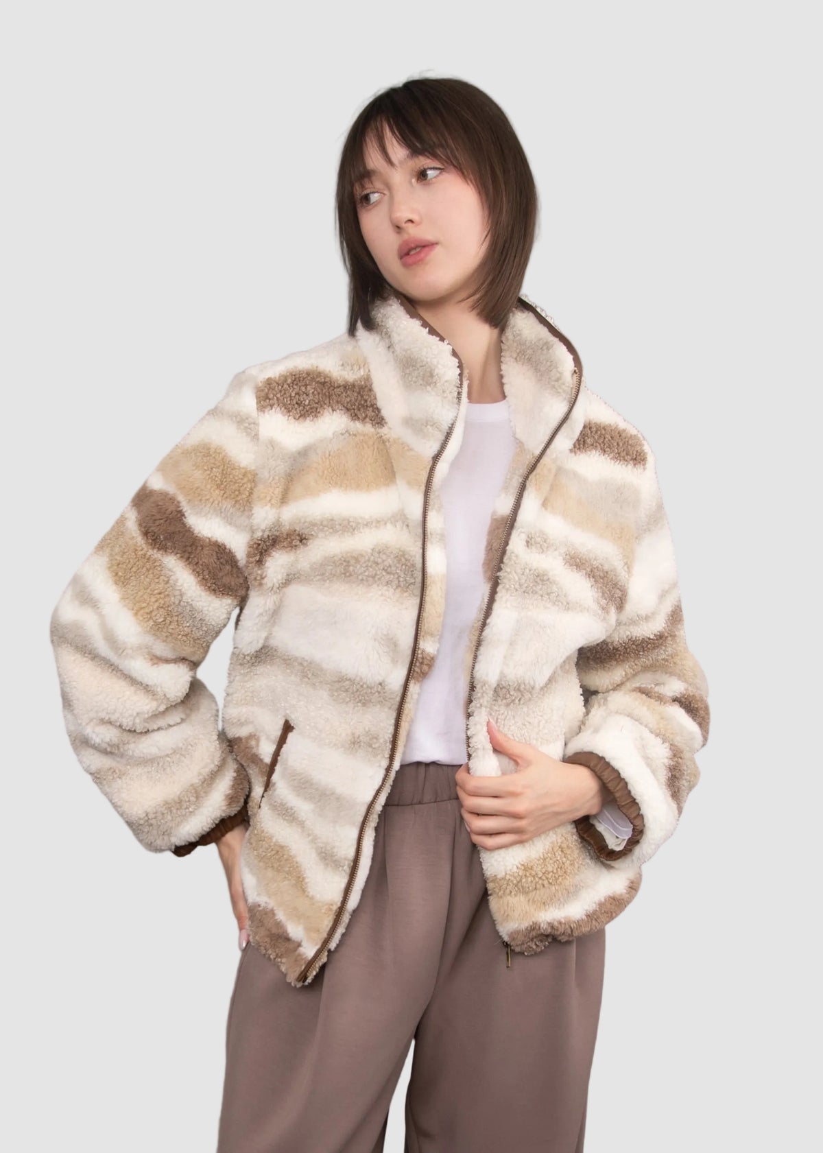JANE PRINTED FULL ZIP SHERPA JACKET - BEIGE