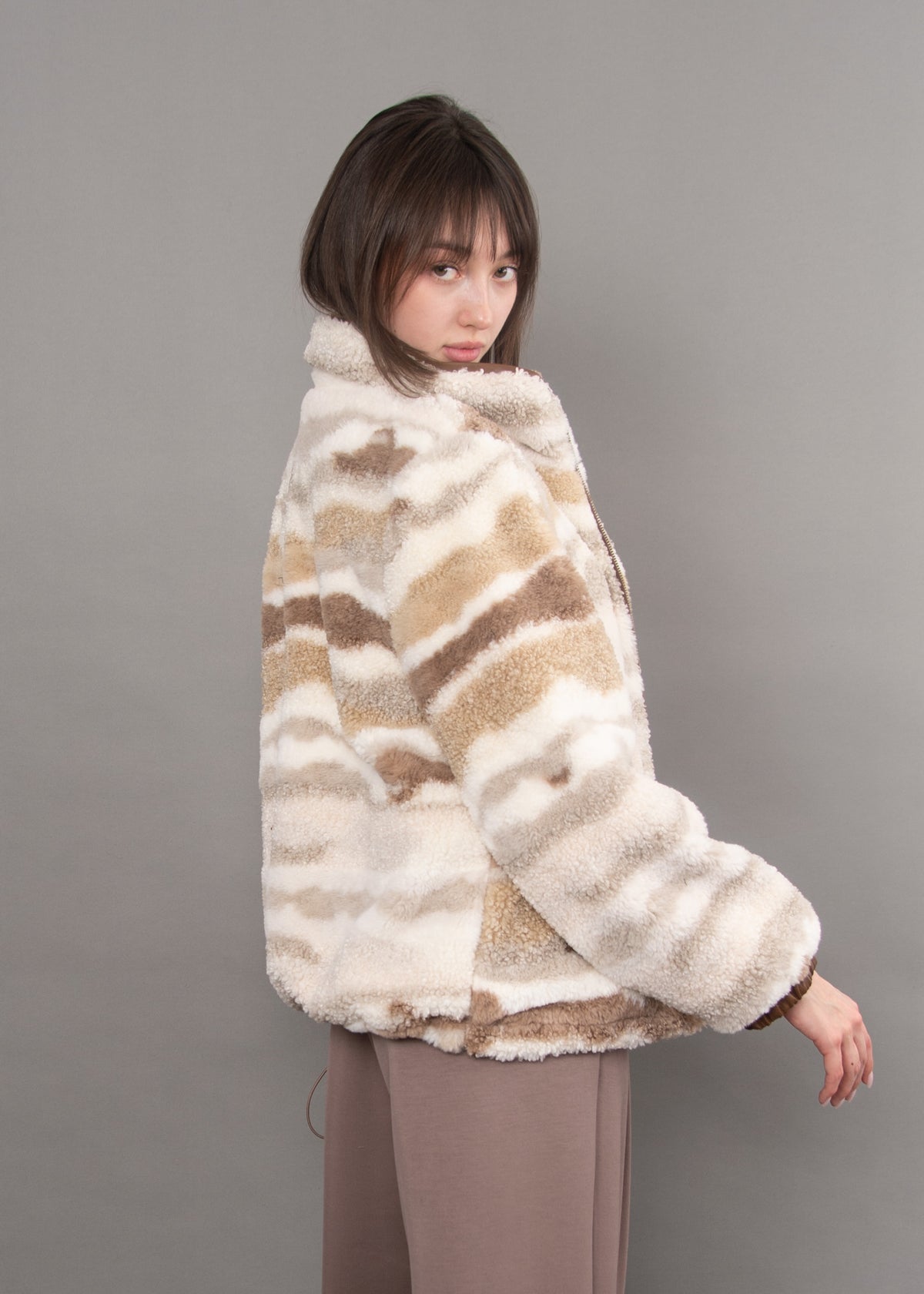 JANE PRINTED FULL ZIP SHERPA JACKET - BEIGE