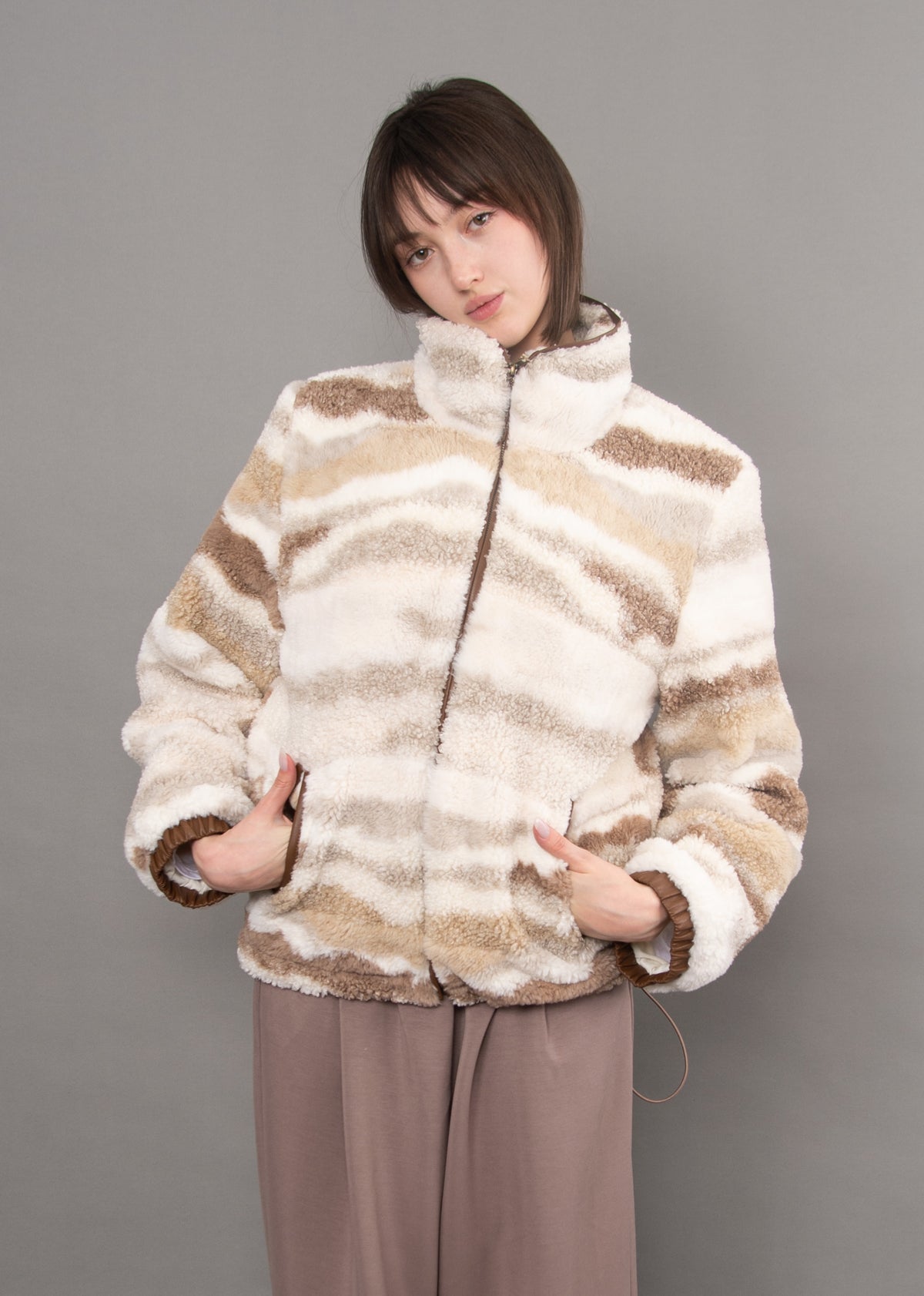 JANE PRINTED FULL ZIP SHERPA JACKET - BEIGE