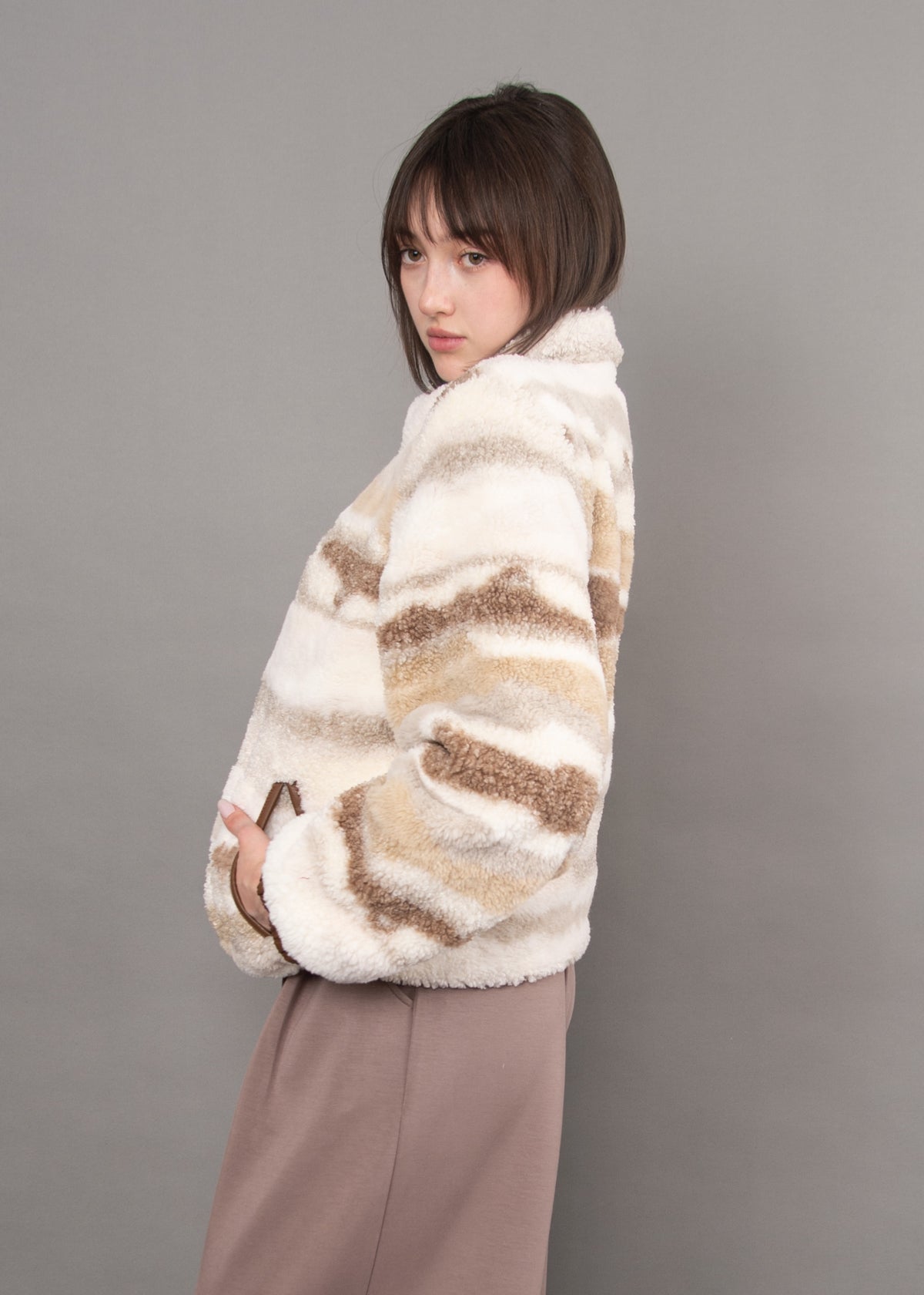 JANE PRINTED FULL ZIP SHERPA JACKET - BEIGE