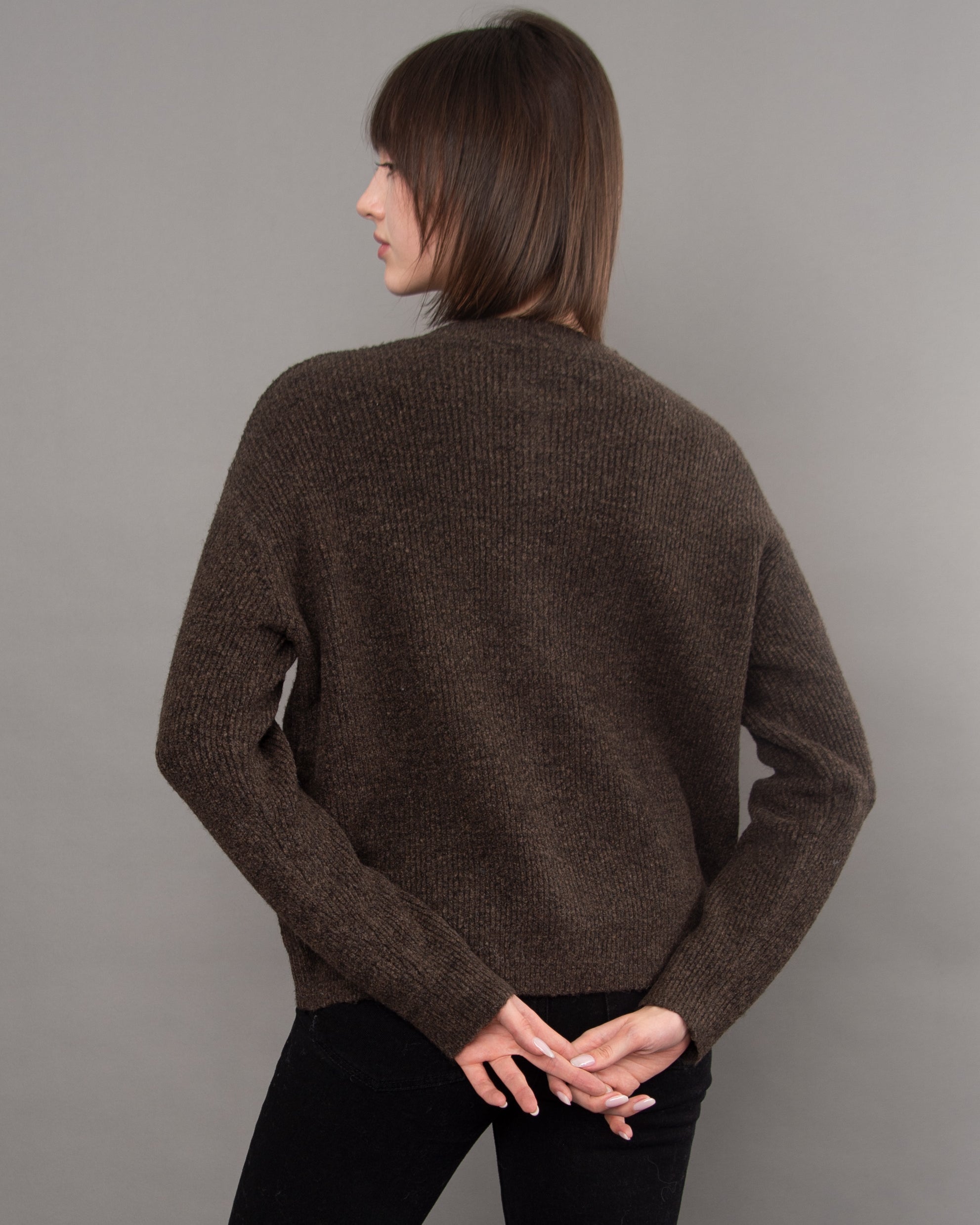 VHEA LONG SLEEVE CREW NECK CARDIGAN - DARK CHOCOLATE
