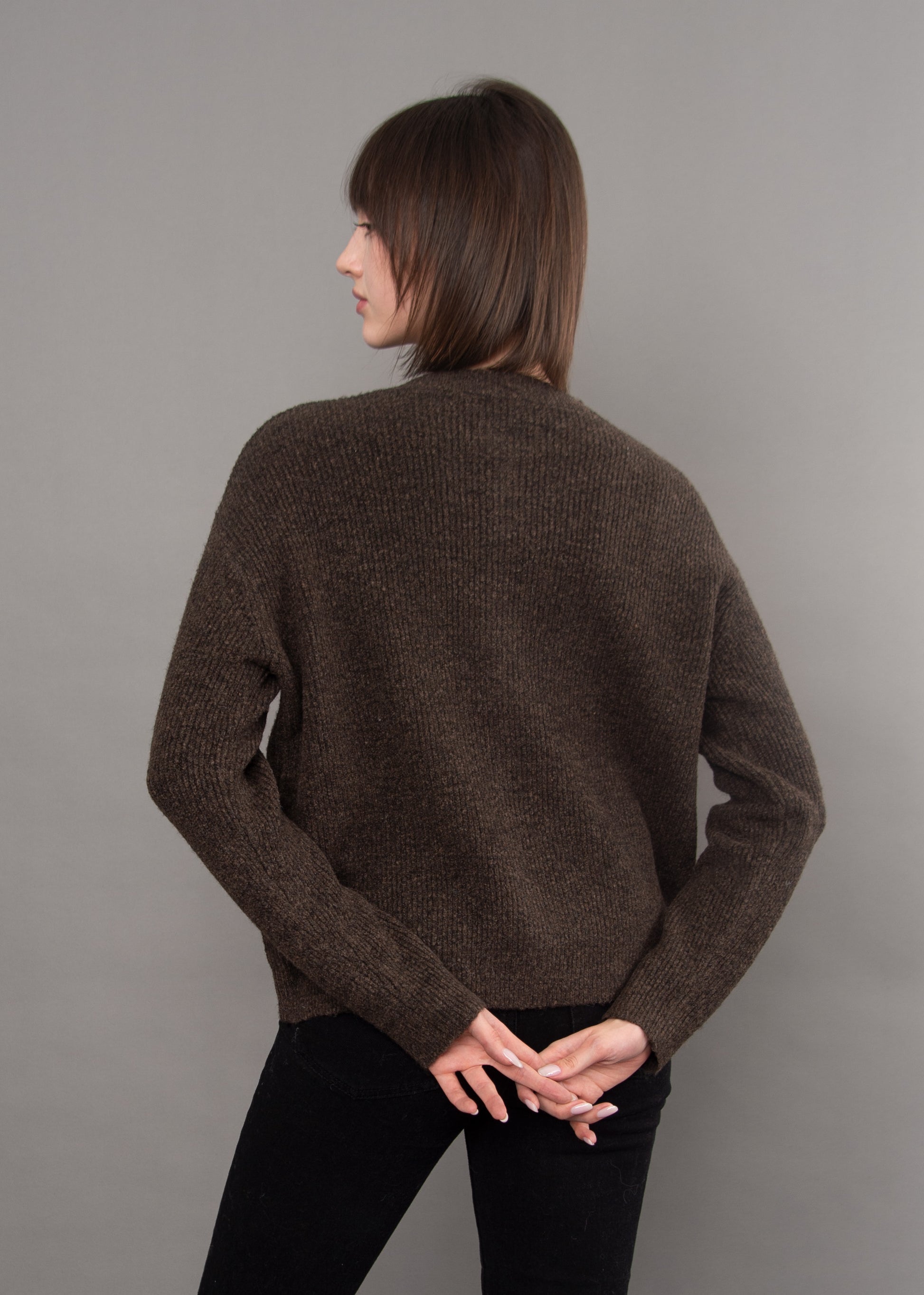 VHEA LONG SLEEVE CREW NECK CARDIGAN - DARK CHOCOLATE