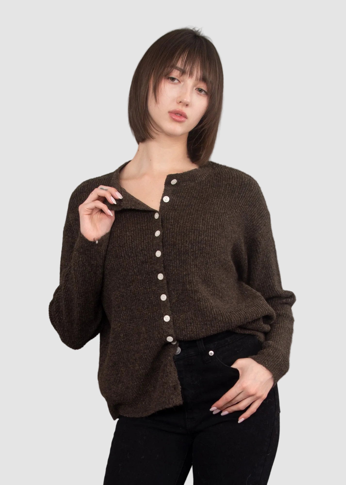 VHEA LONG SLEEVE CREW NECK CARDIGAN - DARK CHOCOLATE