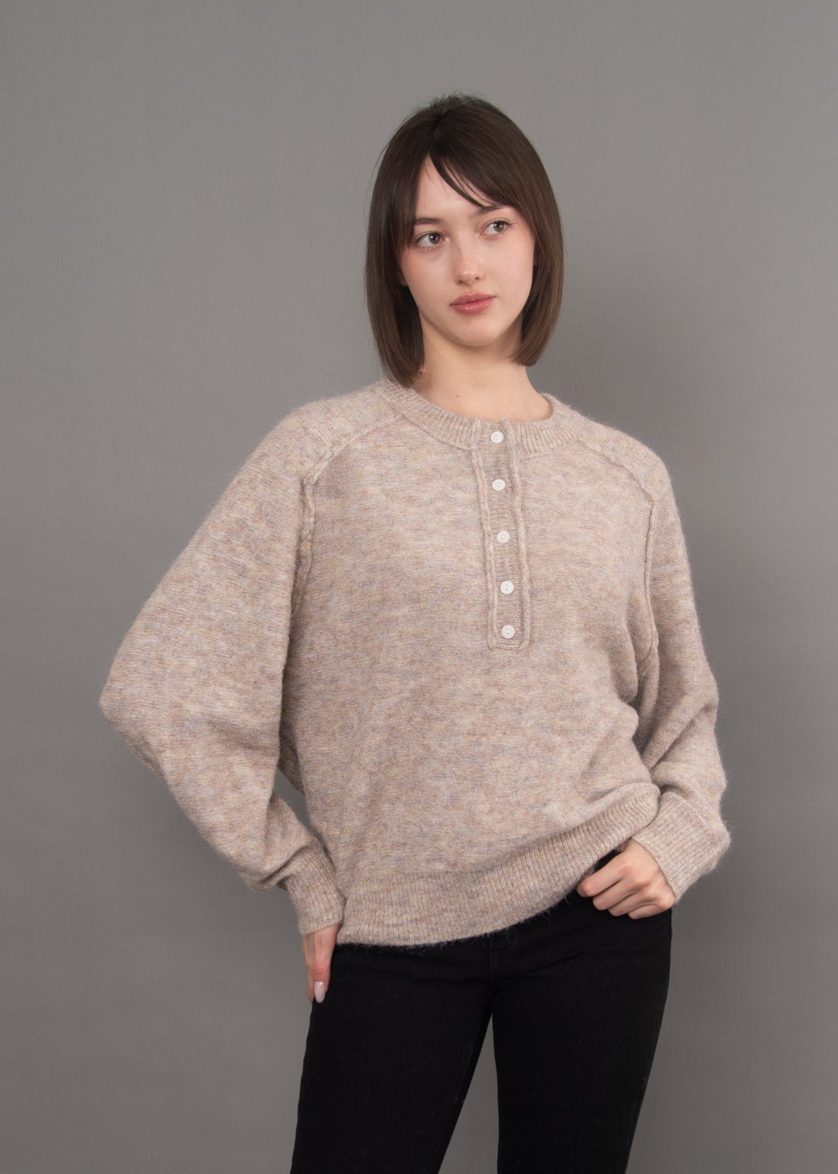 SUAVIA KNIT LONG RAGLAN SLEEVE HENLEY - TAUPE MELANGE