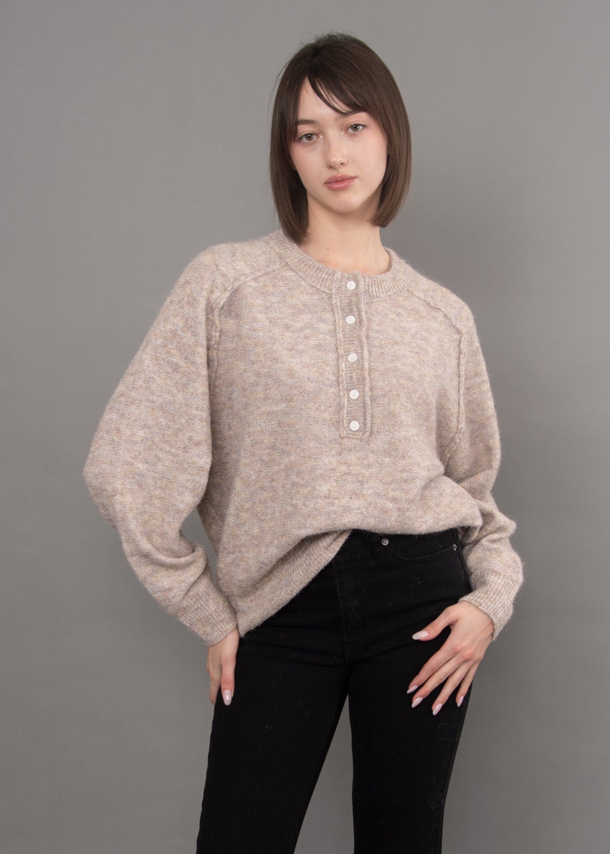 SUAVIA KNIT LONG RAGLAN SLEEVE HENLEY - TAUPE MELANGE