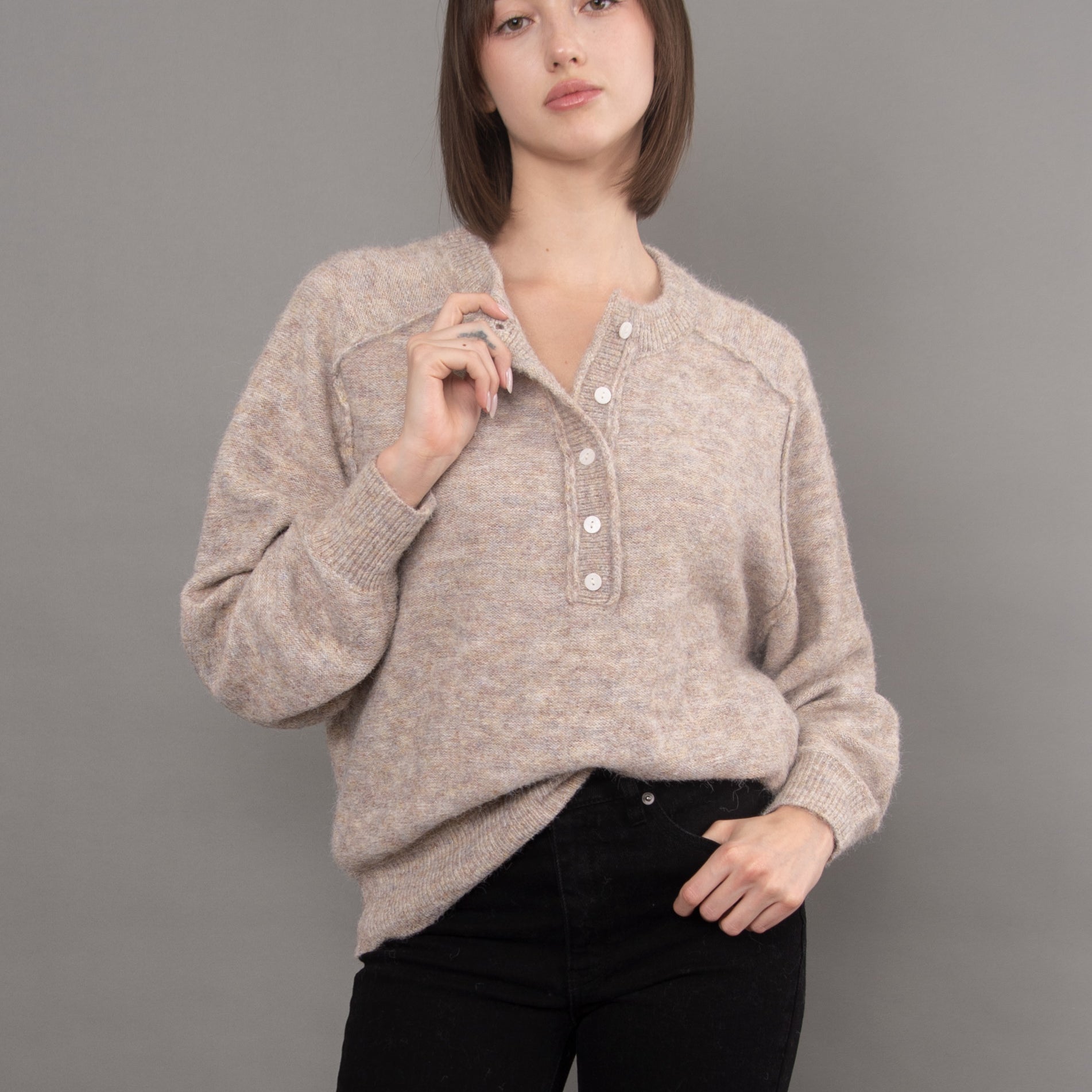 SUAVIA KNIT LONG RAGLAN SLEEVE HENLEY - TAUPE MELANGE