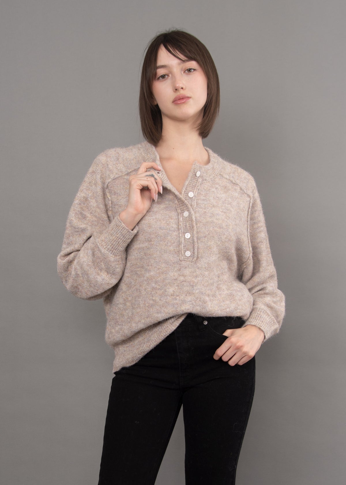 SUAVIA KNIT LONG RAGLAN SLEEVE HENLEY - TAUPE MELANGE