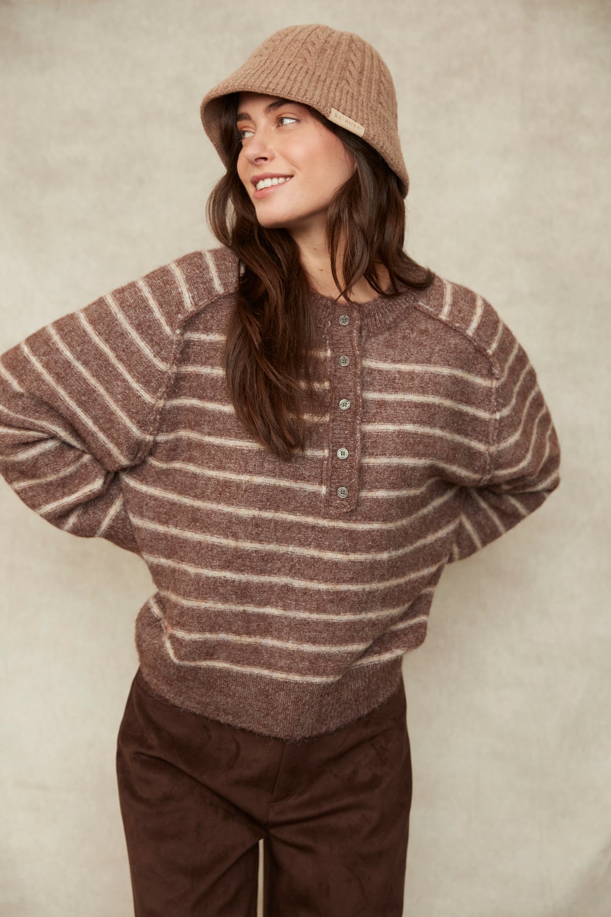SUAVIA KNIT LONG RAGLAN SLEEVE HENLEY - MOCHA STRIPE