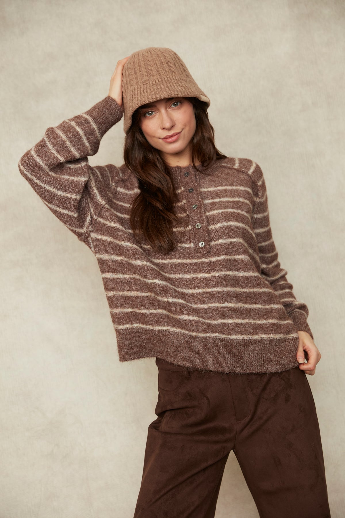 SUAVIA KNIT LONG RAGLAN SLEEVE HENLEY - MOCHA STRIPE