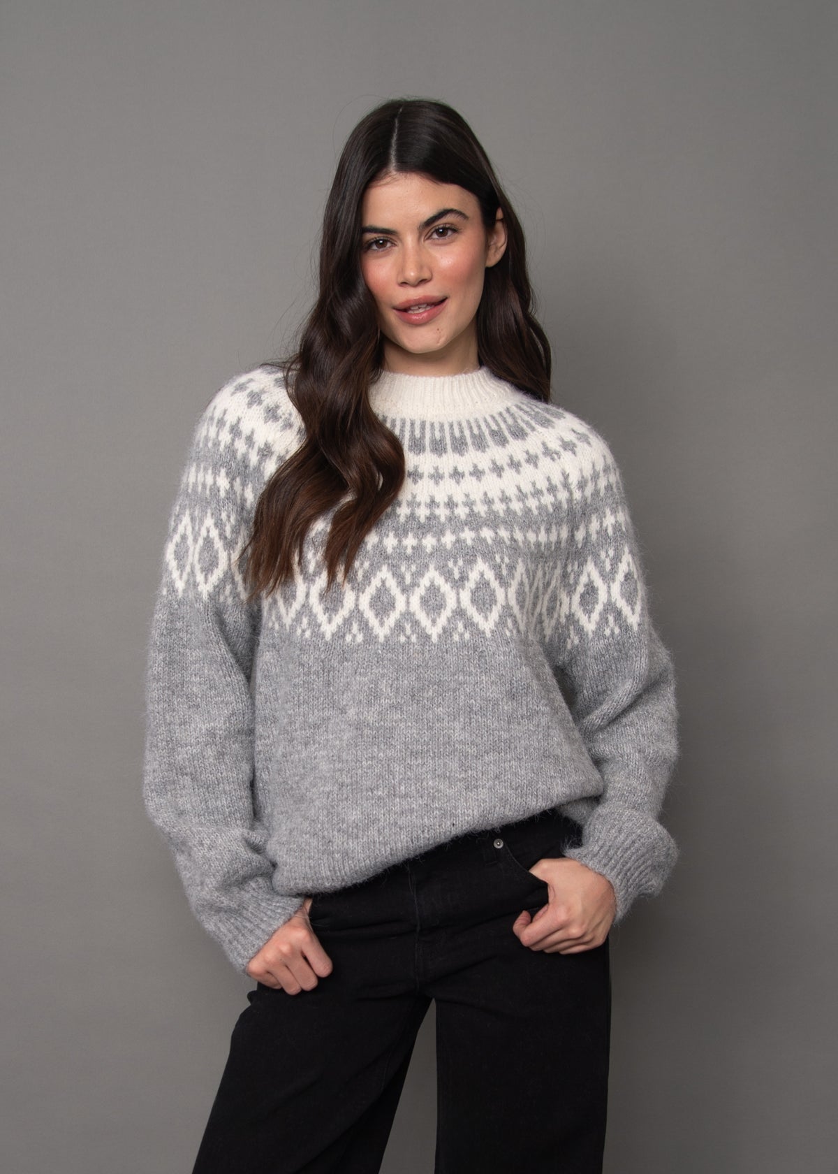HASANA PRINTED CREW NECK SWEATER - GREY