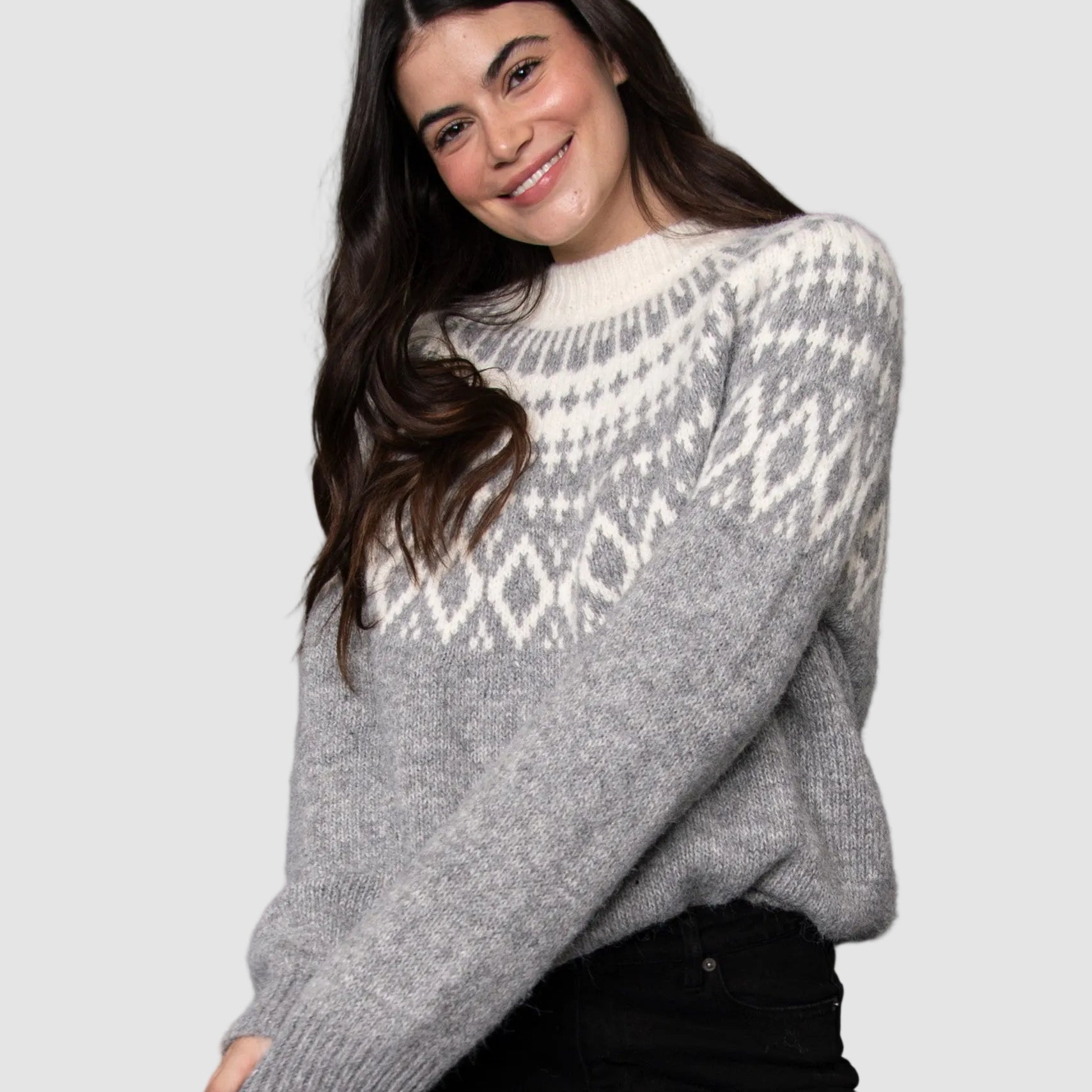 HASANA PRINTED CREW NECK SWEATER - GREY
