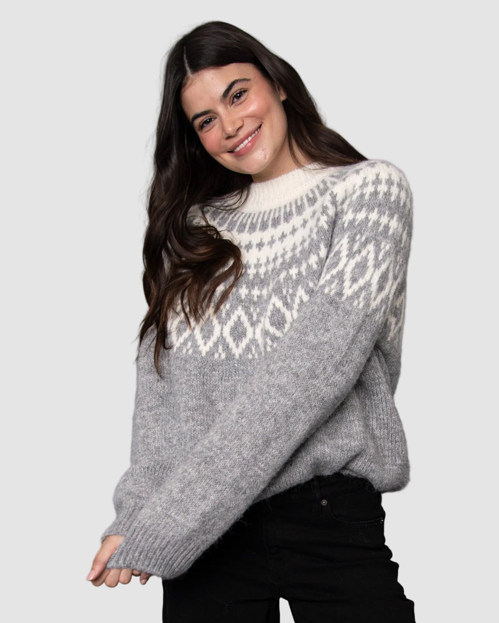 HASANA PRINTED CREW NECK SWEATER - GREY