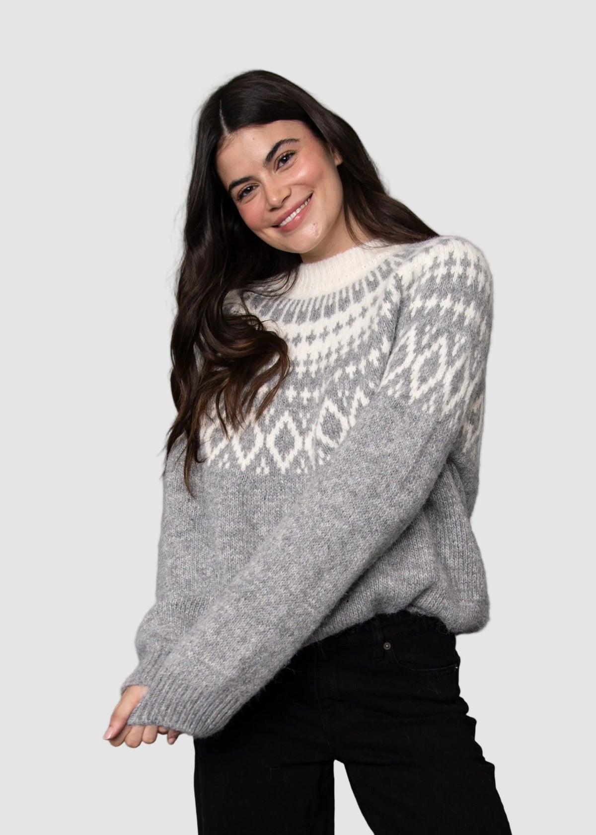 HASANA PRINTED CREW NECK SWEATER - GREY