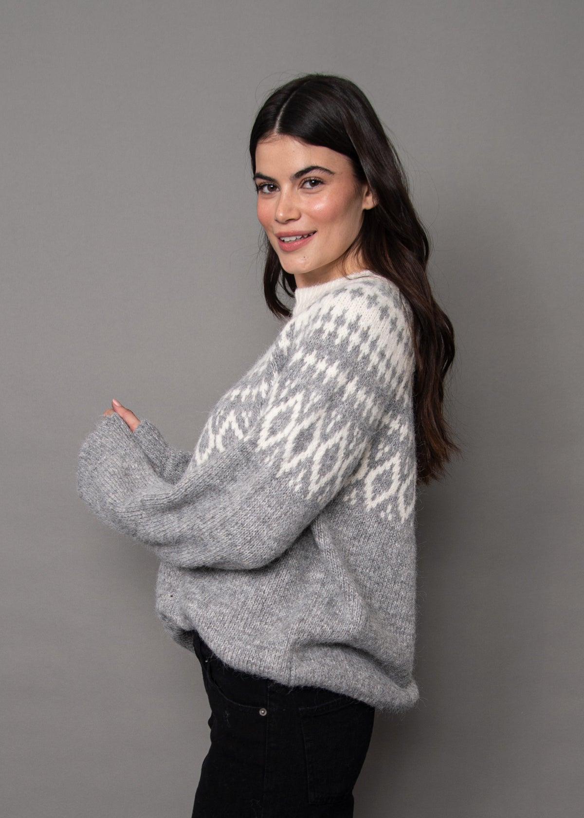 HASANA PRINTED CREW NECK SWEATER - GREY