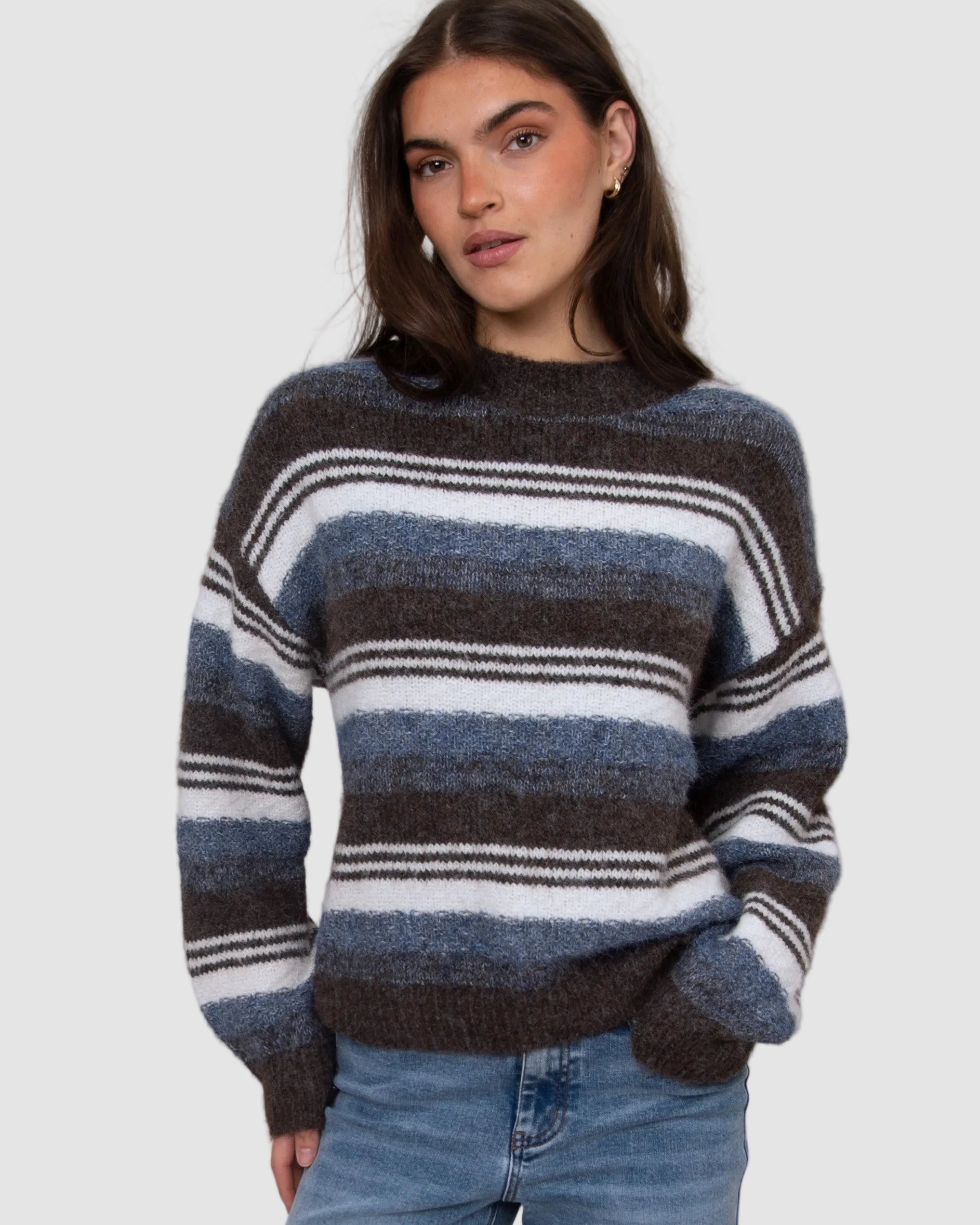 XYLA STRIPED HIGH NECK SWEATER - BROWN BLUE