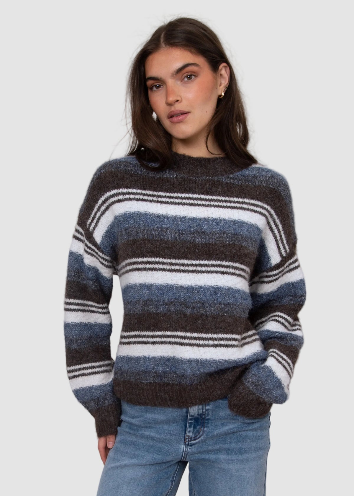 XYLA STRIPED HIGH NECK SWEATER - BROWN BLUE
