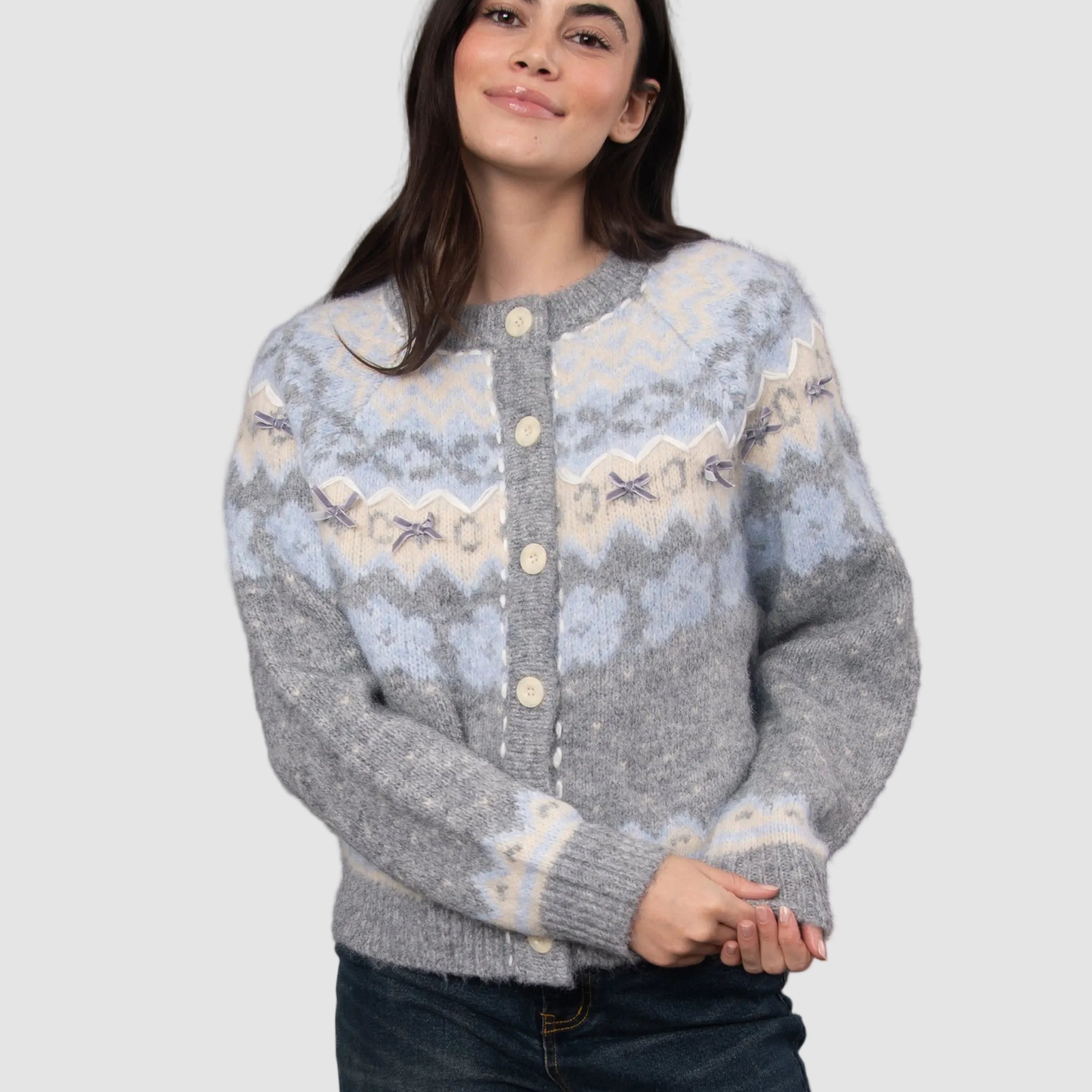 FAIRISLE BUTTON BOW CARDIGAN - GREY