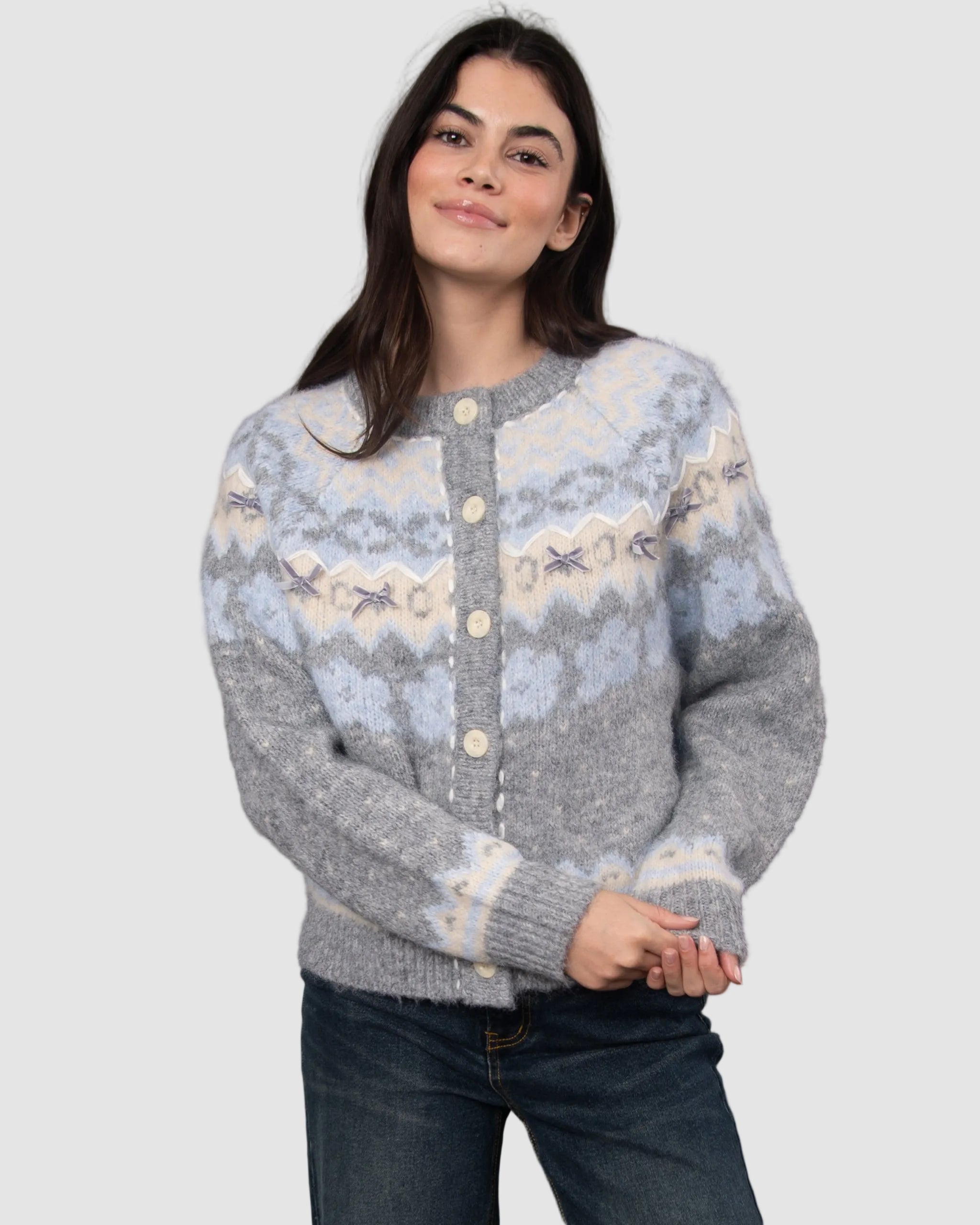 FAIRISLE BUTTON BOW CARDIGAN - GREY