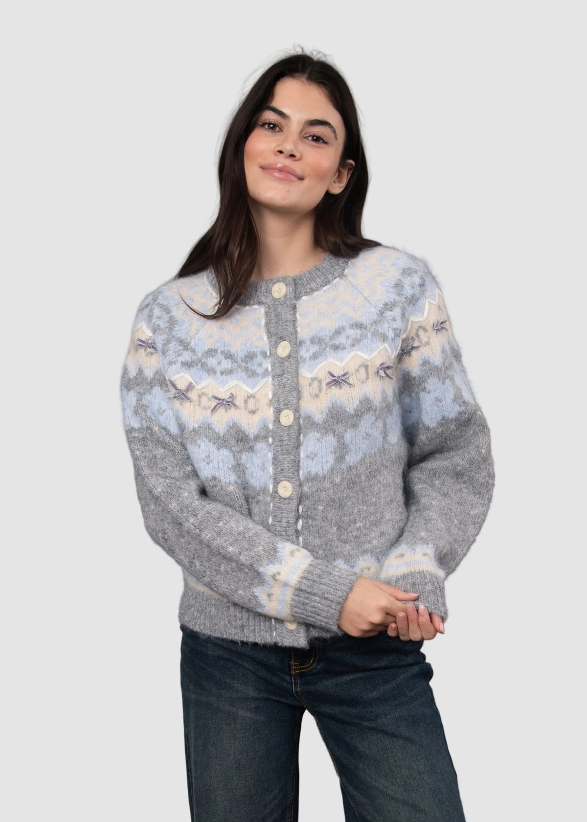 FAIRISLE BUTTON BOW CARDIGAN - GREY