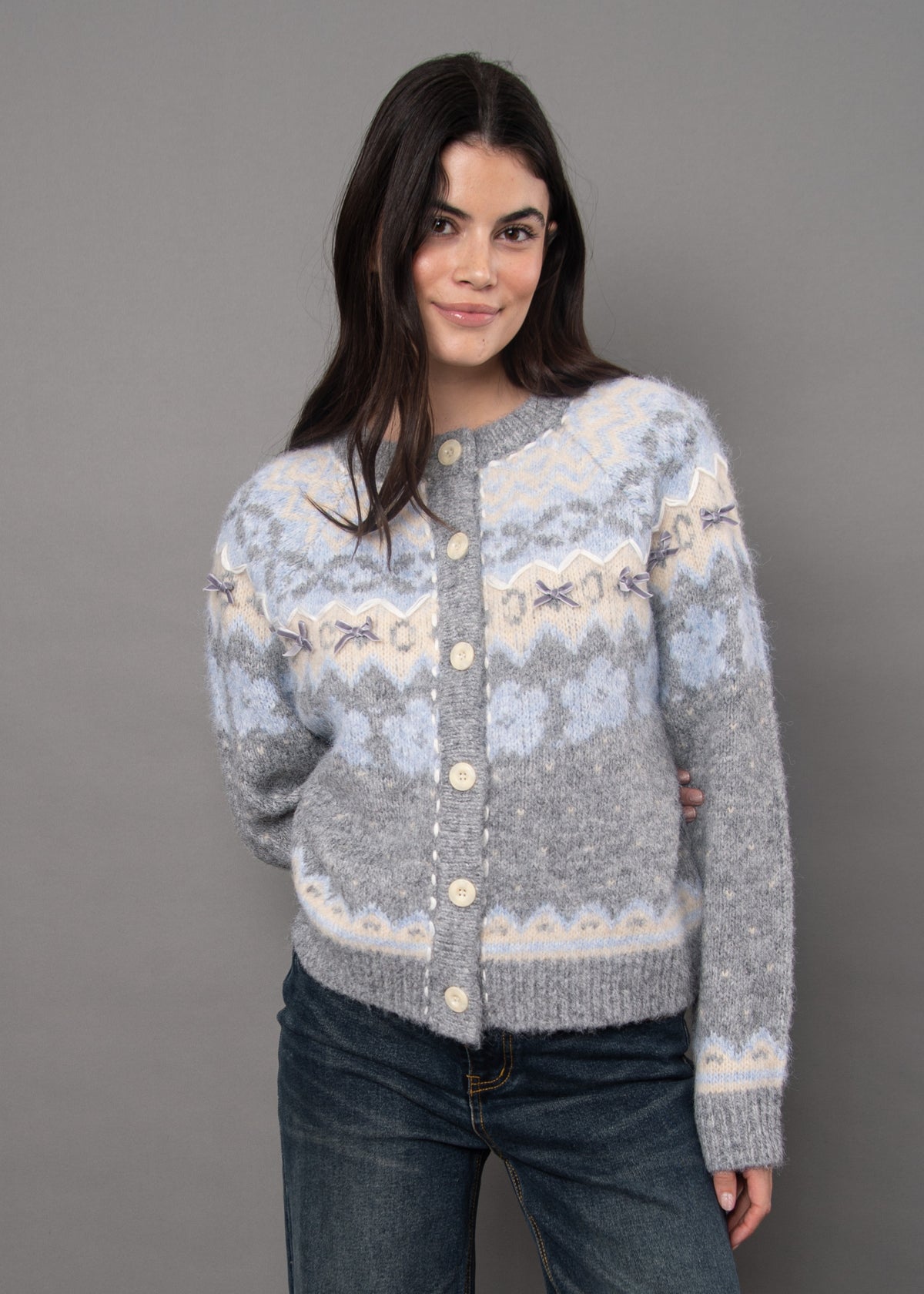 FAIRISLE BUTTON BOW CARDIGAN - GREY