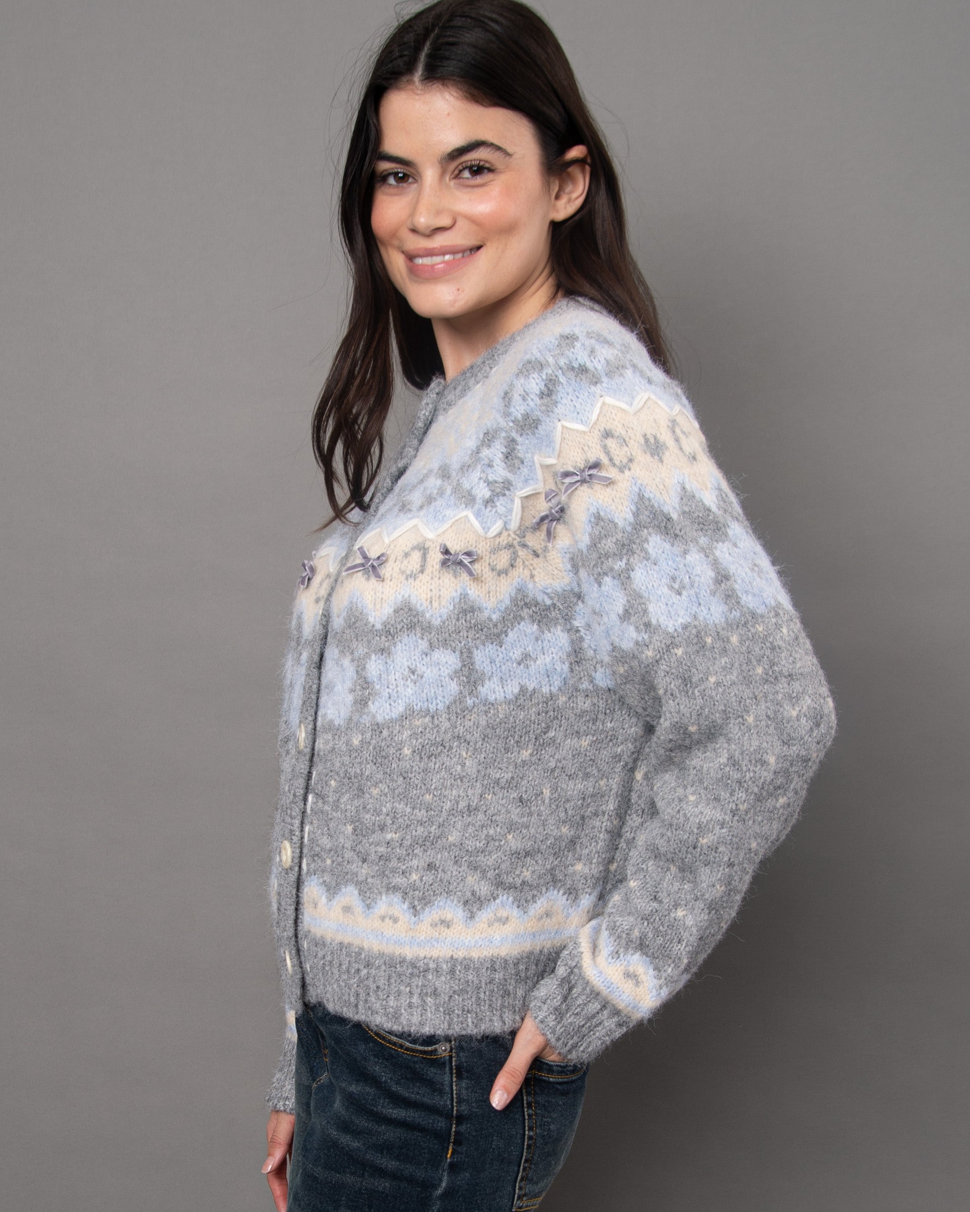 FAIRISLE BUTTON BOW CARDIGAN - GREY