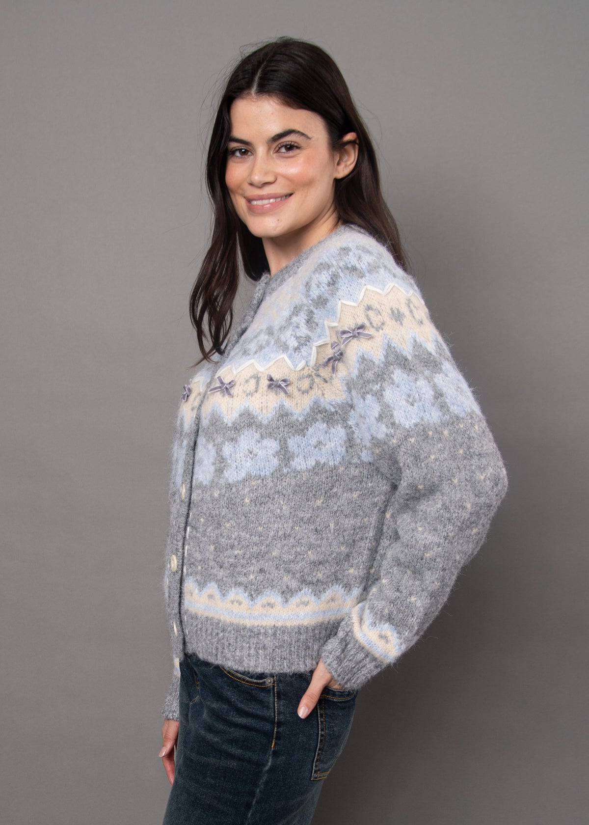 FAIRISLE BUTTON BOW CARDIGAN - GREY