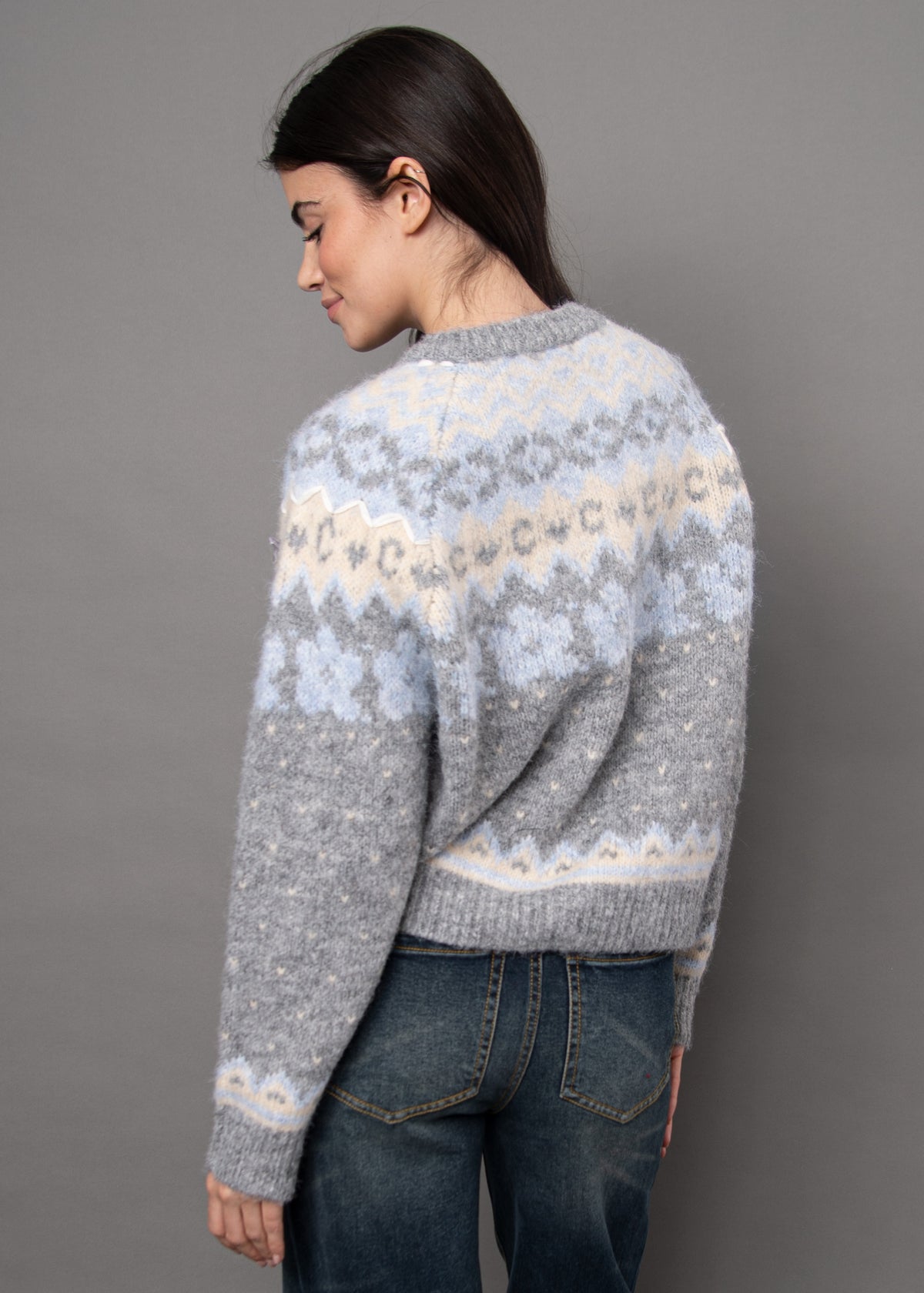FAIRISLE BUTTON BOW CARDIGAN - GREY