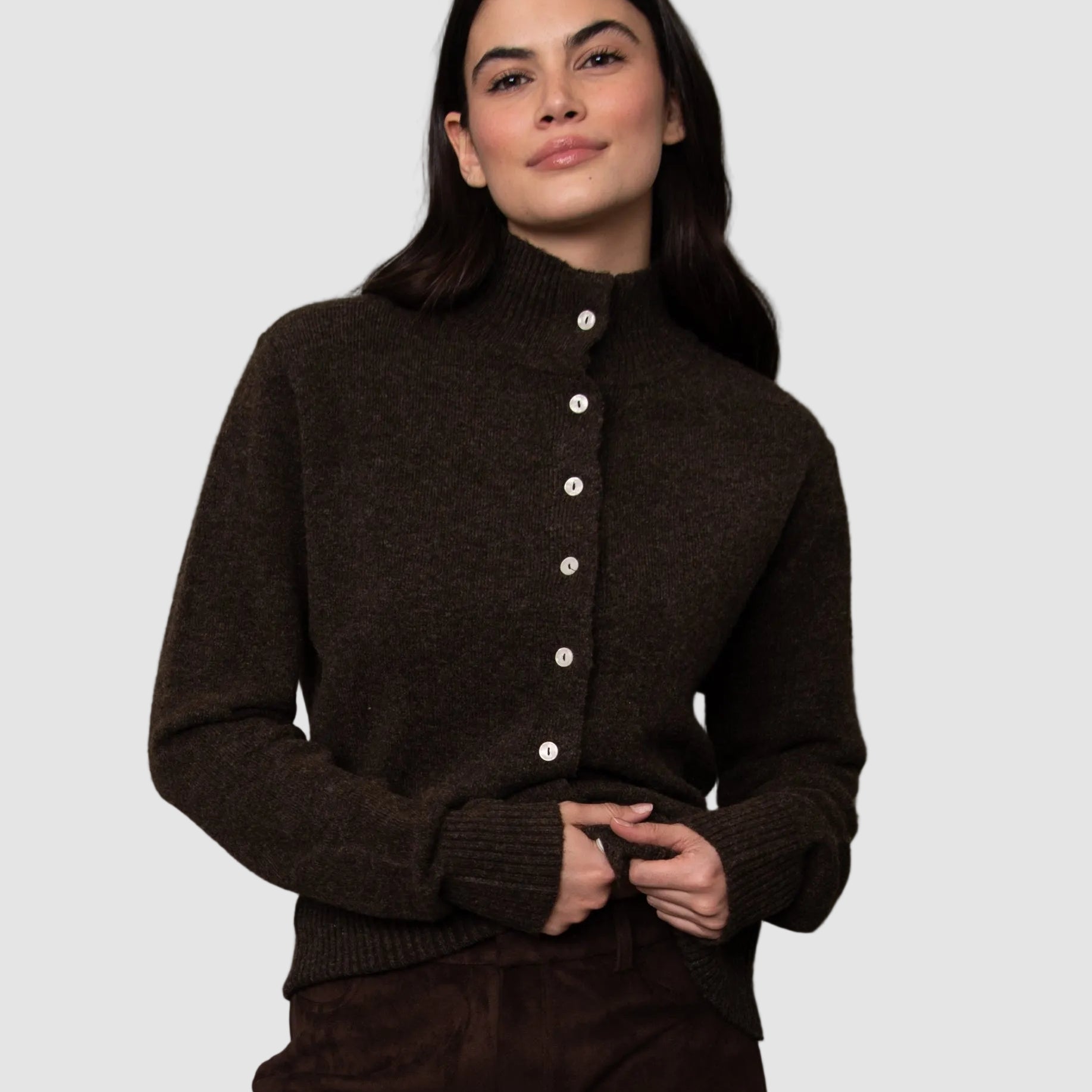 ALINA LONG SLEEVE MOCK NECK CREW CARDIGAN - CHOCOLATE