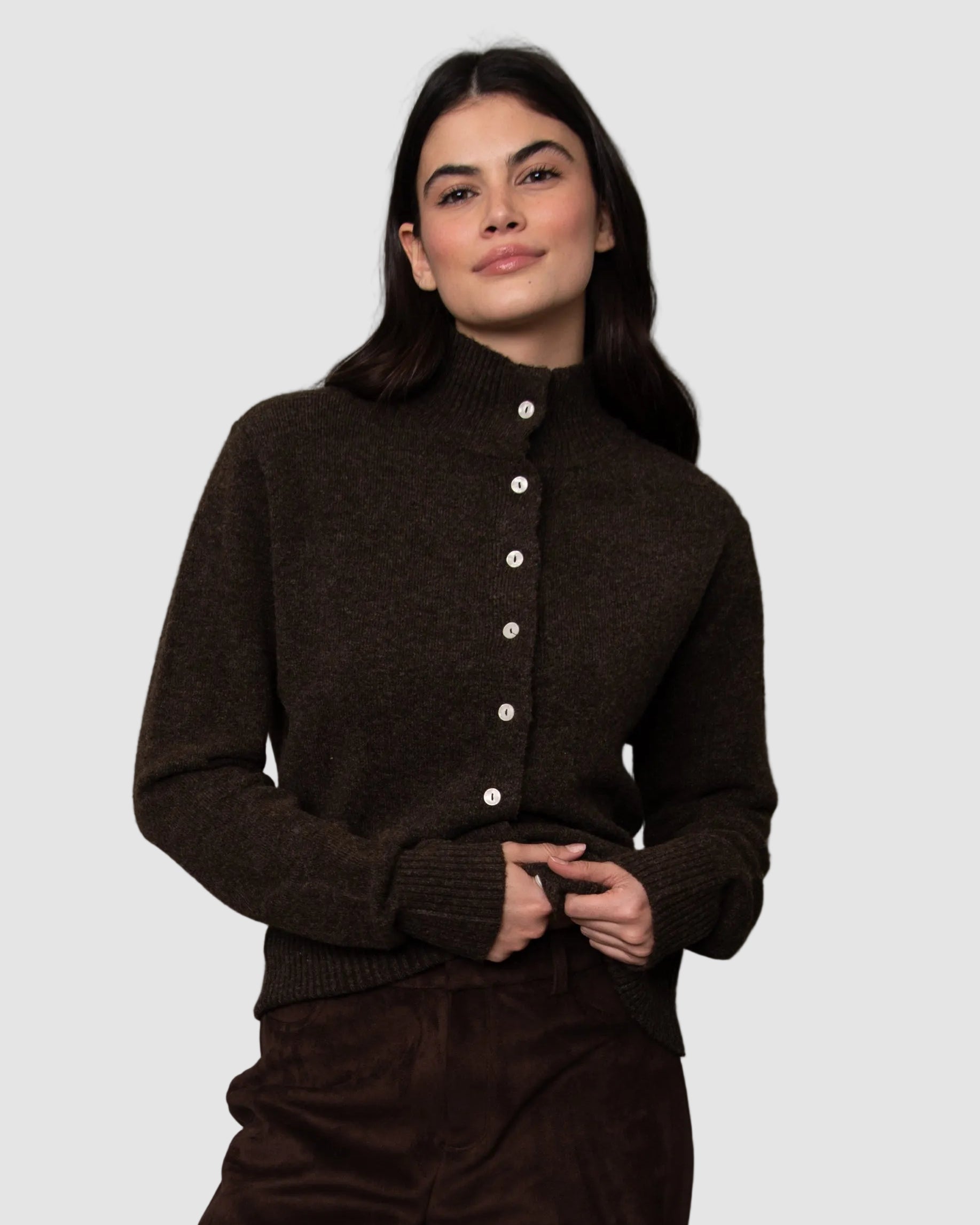 ALINA LONG SLEEVE MOCK NECK CREW CARDIGAN - CHOCOLATE