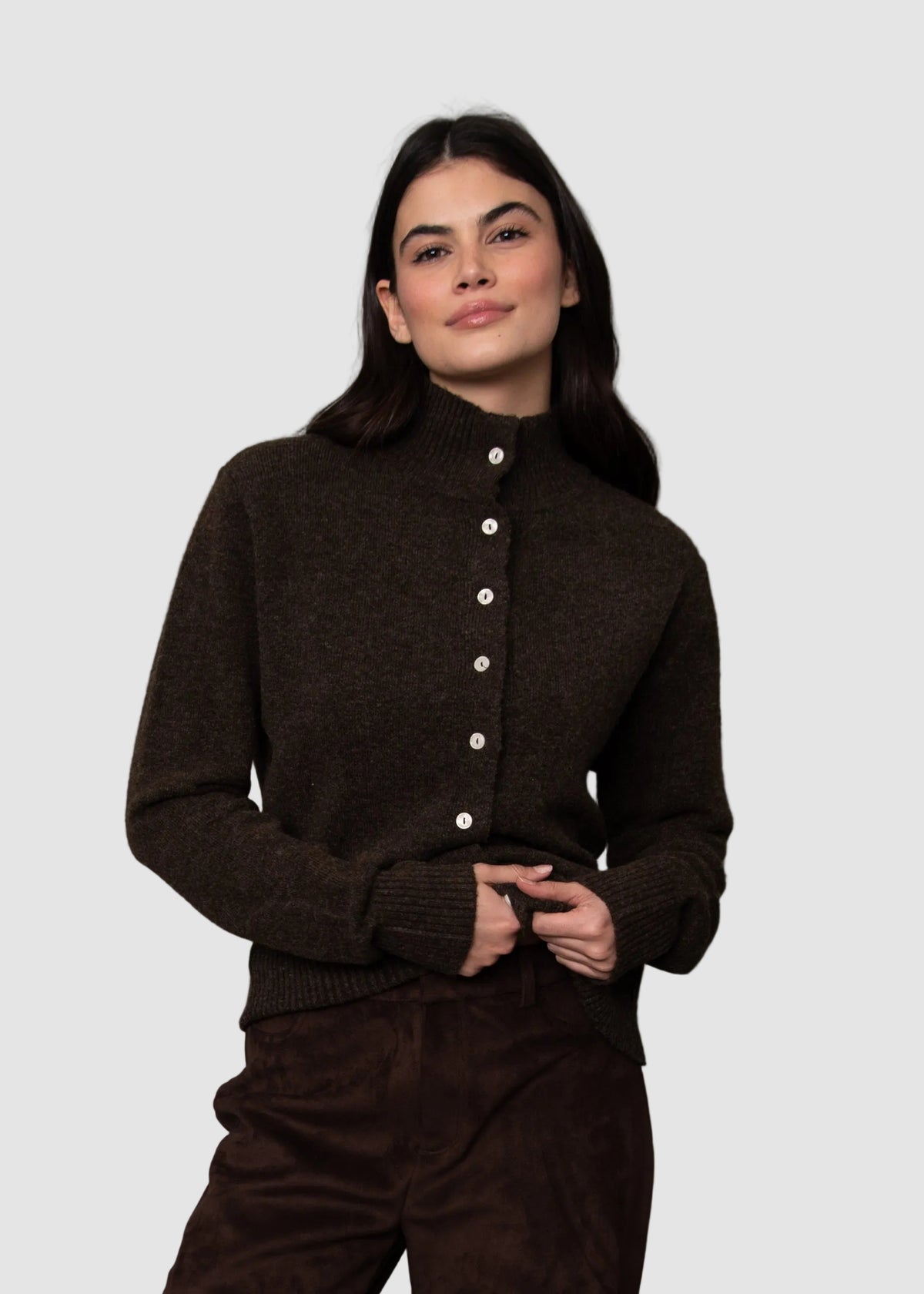 ALINA LONG SLEEVE MOCK NECK CREW CARDIGAN - CHOCOLATE