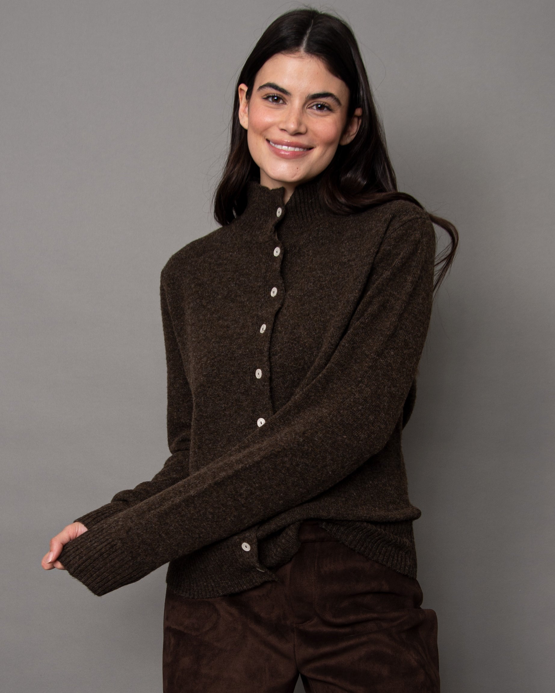 ALINA LONG SLEEVE MOCK NECK CREW CARDIGAN - CHOCOLATE