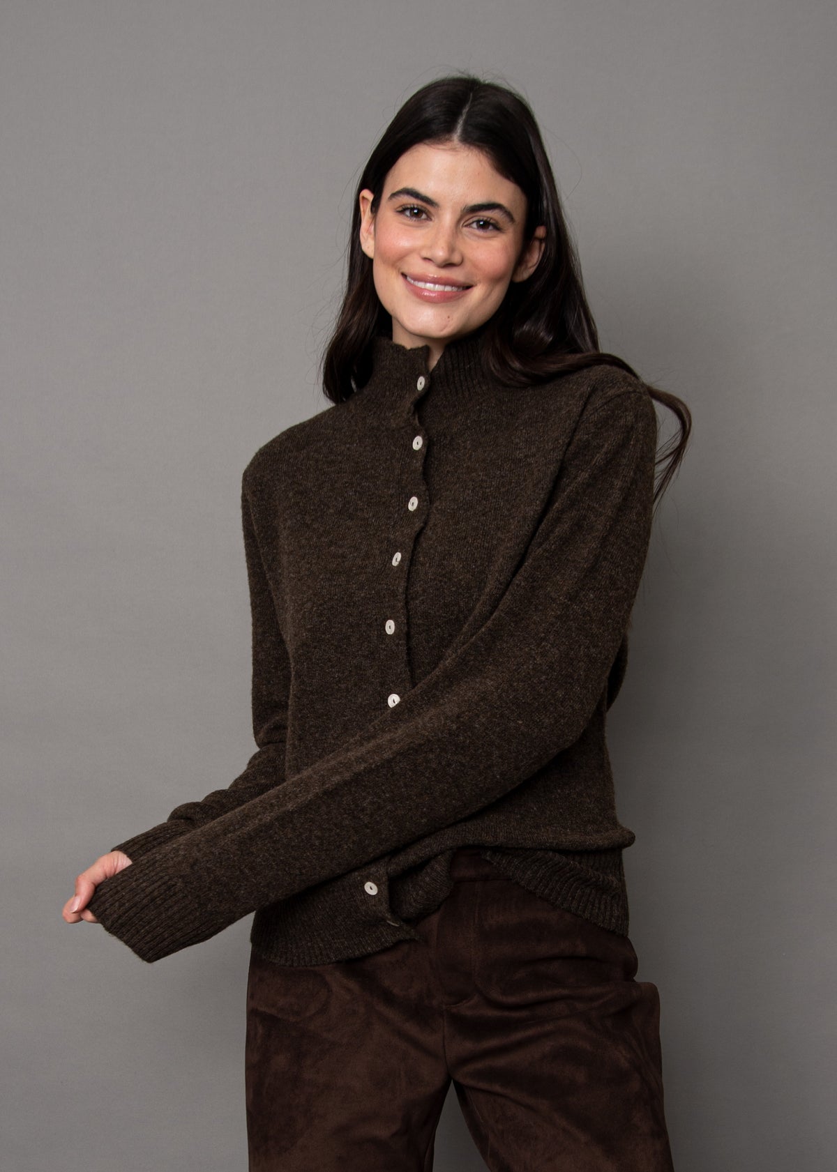 ALINA LONG SLEEVE MOCK NECK CREW CARDIGAN - CHOCOLATE