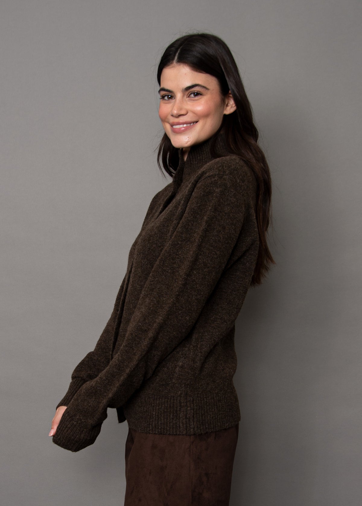 ALINA LONG SLEEVE MOCK NECK CREW CARDIGAN - CHOCOLATE