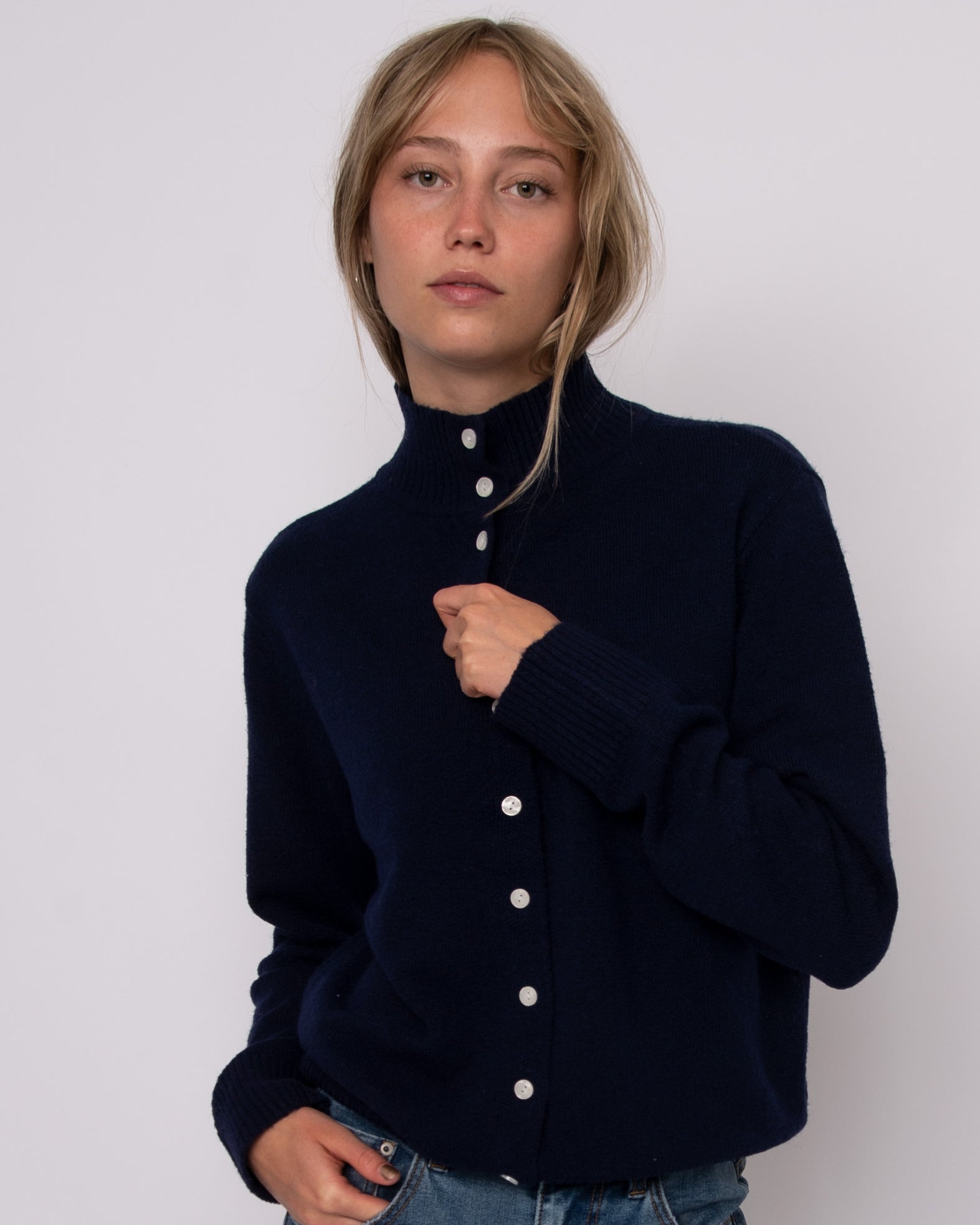 ALINA LONG SLEEVE MOCK NECK CARDIGAN - NAVY