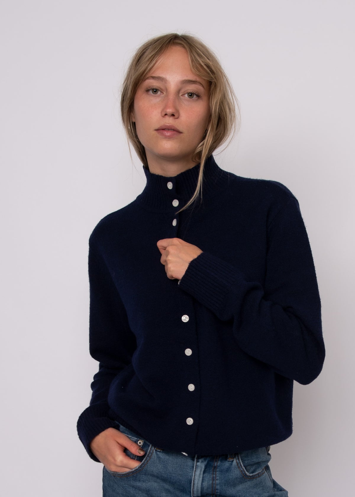 ALINA LONG SLEEVE MOCK NECK CARDIGAN - NAVY