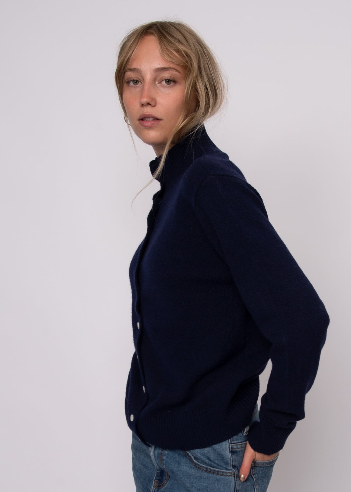ALINA LONG SLEEVE MOCK NECK CARDIGAN - NAVY
