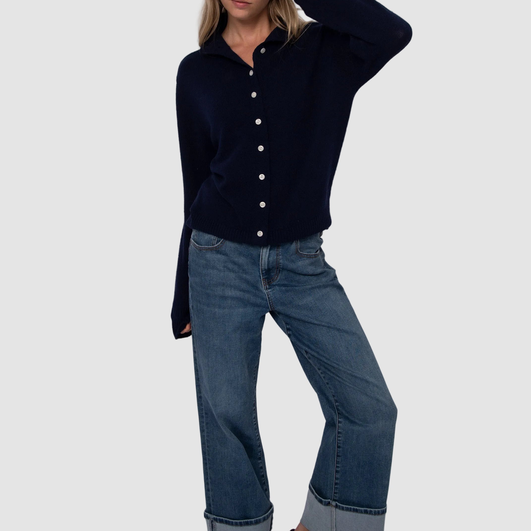 ALINA LONG SLEEVE MOCK NECK CARDIGAN - NAVY