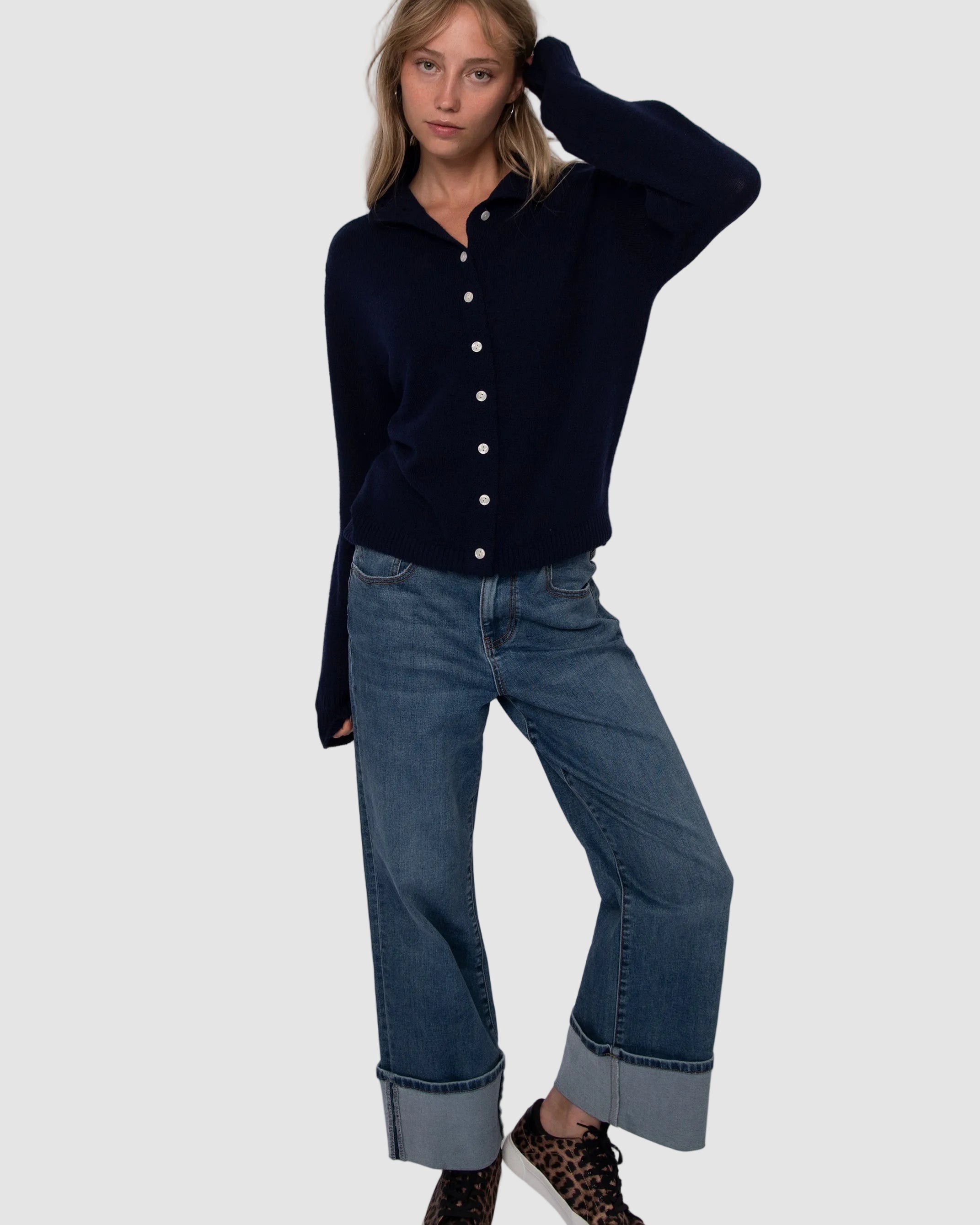 ALINA LONG SLEEVE MOCK NECK CARDIGAN - NAVY