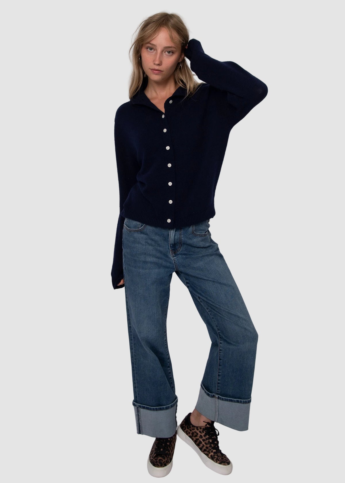 ALINA LONG SLEEVE MOCK NECK CARDIGAN - NAVY