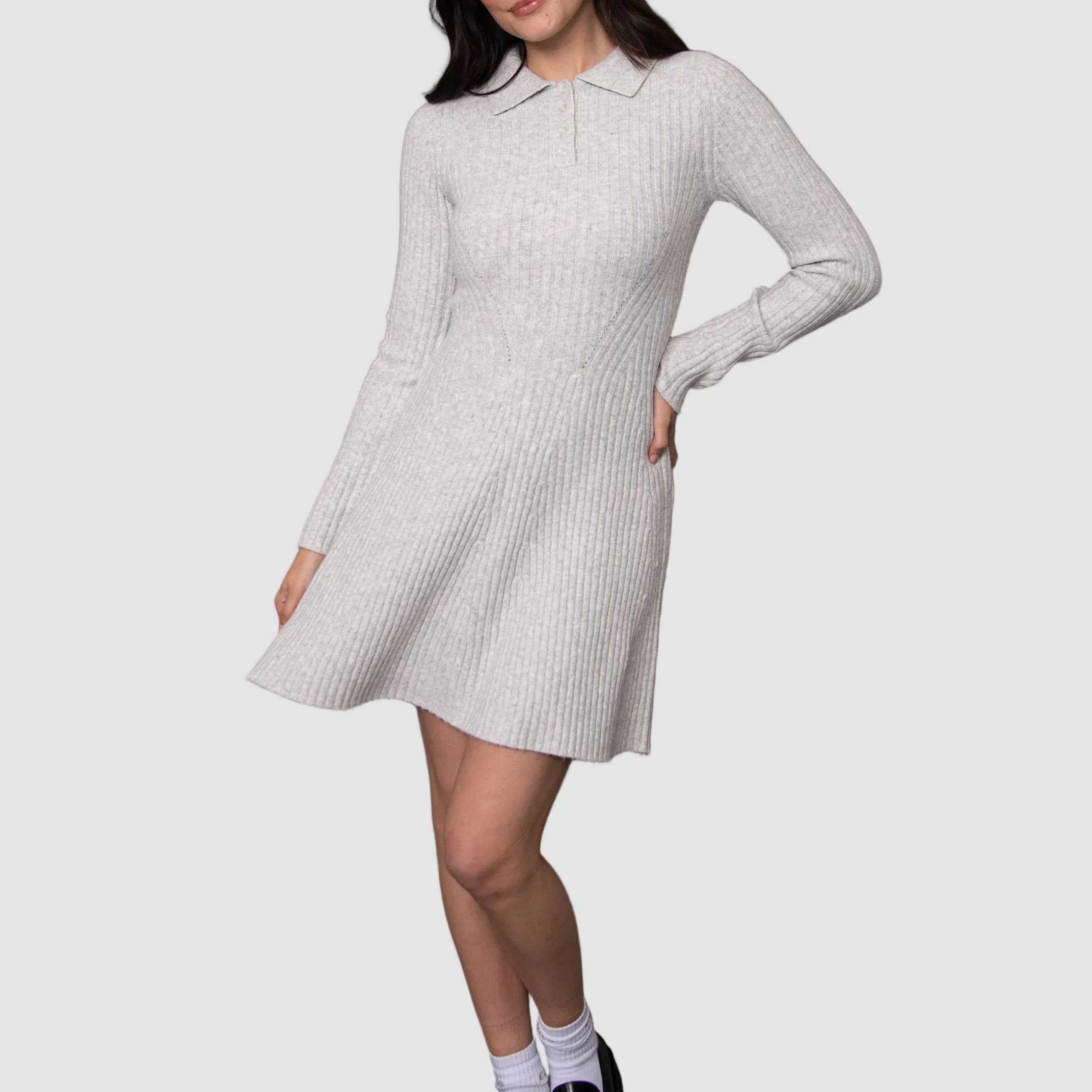 POPPAEA FIT + FLARE POLO SWEATER DRESS - LIGHT GREY